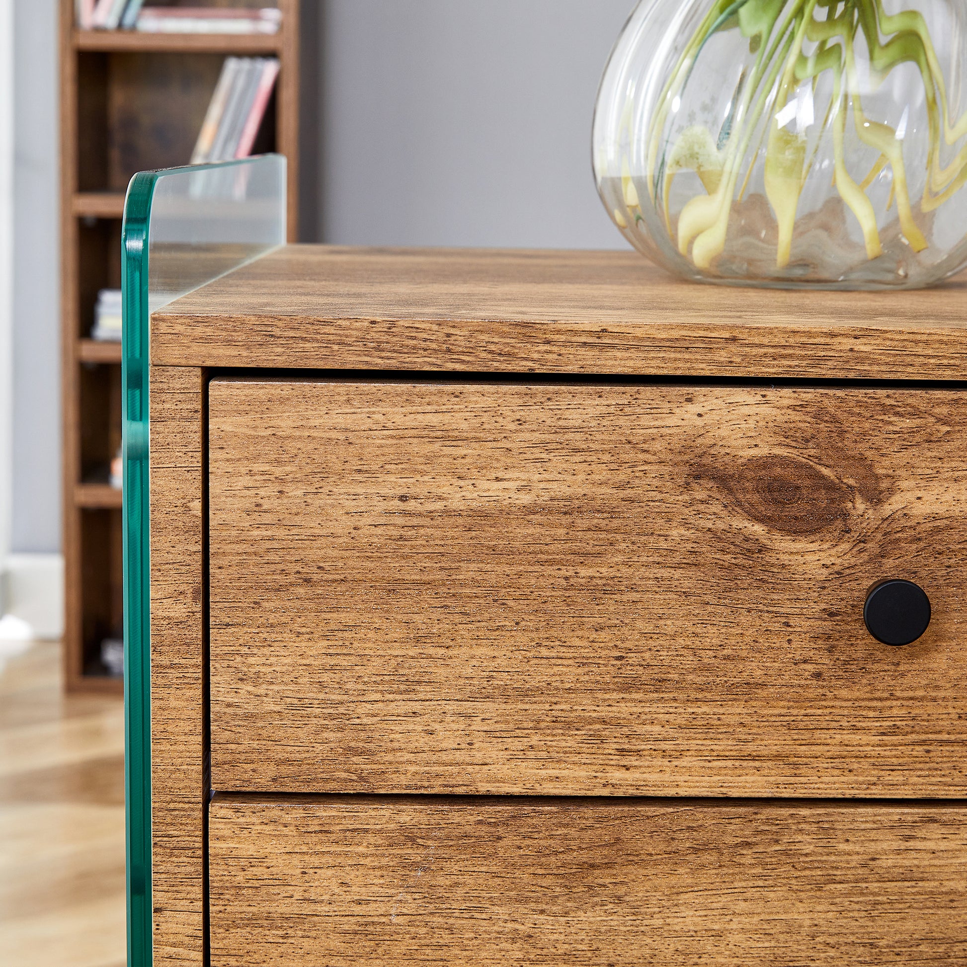 Double Drawer Bedside Table. The Board Surface Is Mdf Sticker, And Both Sides Are Transparent Tempered Glass. The Design Is Simple And Elegant, With Excellent Storage Functions. Wood 2 Drawers Mdf Glass