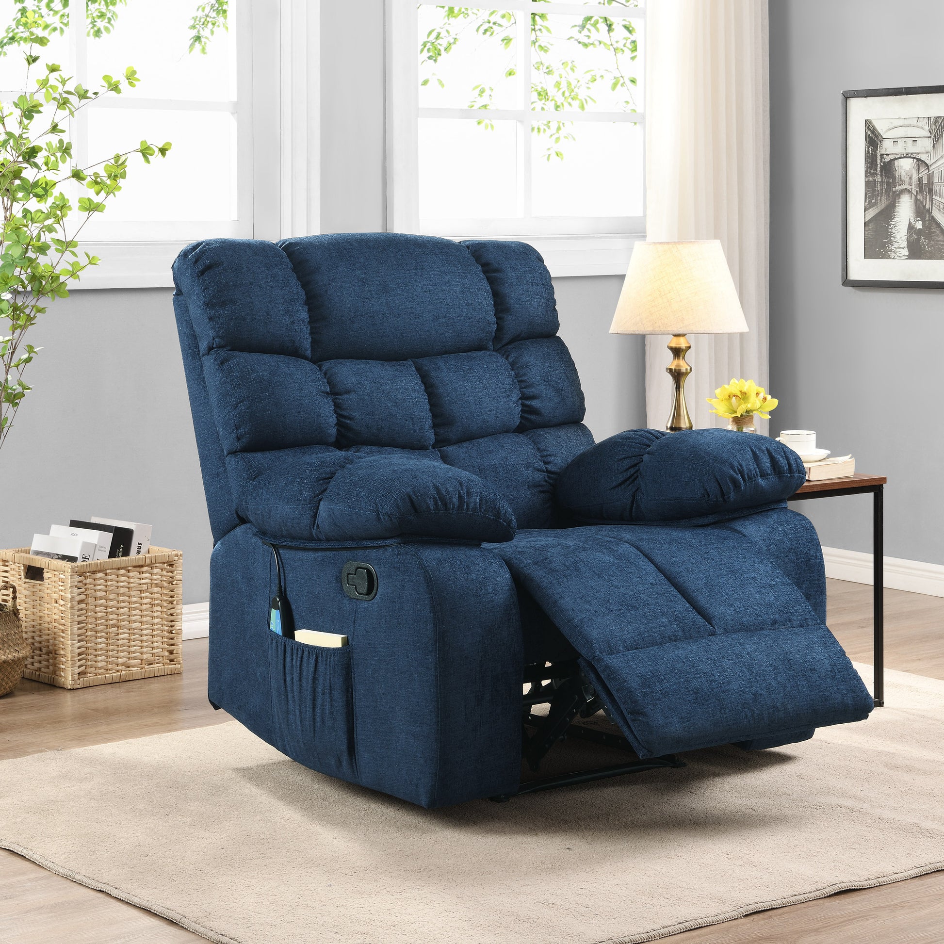 Massage Recliner Navy Blue Fabric