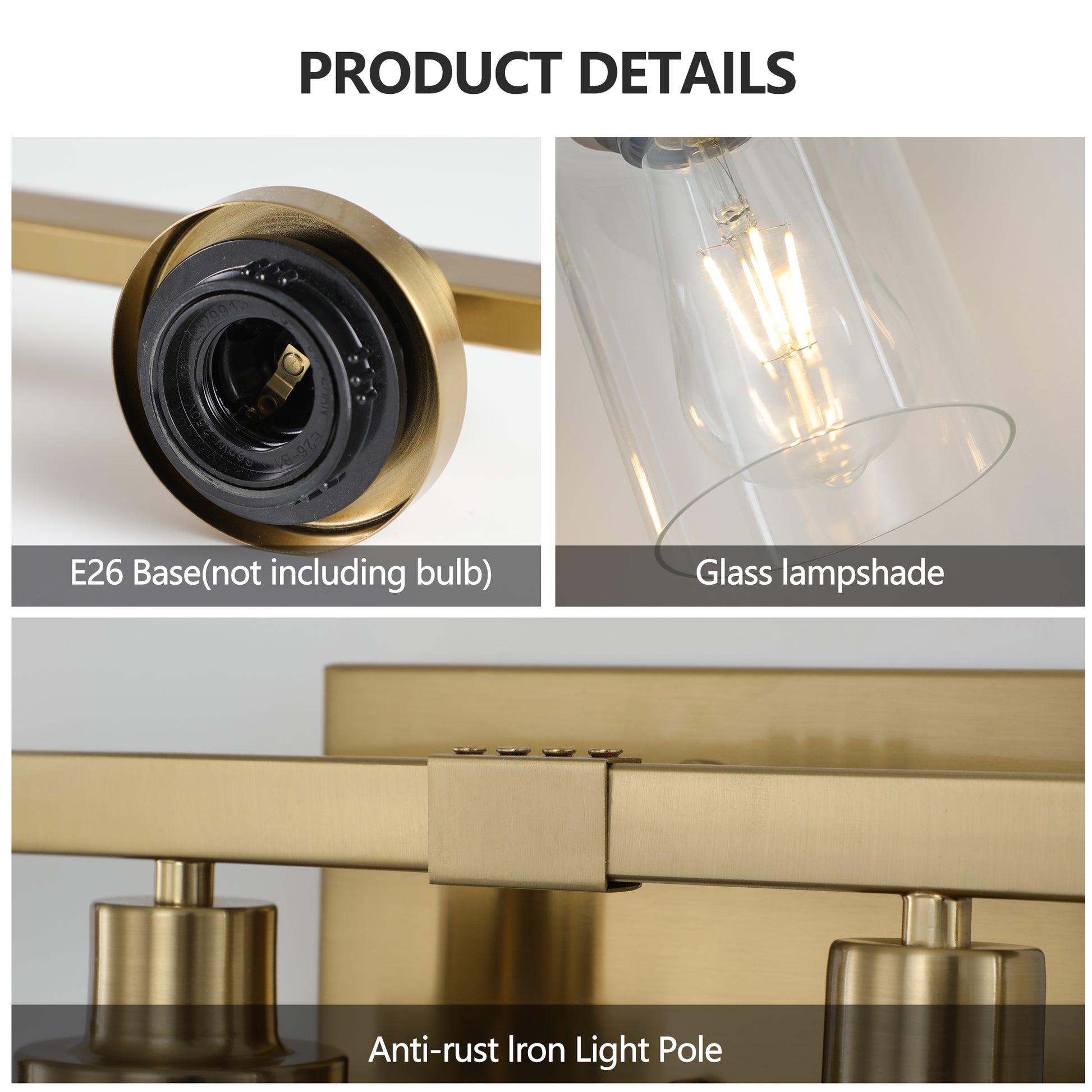 Golden 6 Light Vanity Light With Clear Glass Shades, Modern Iron Metal Bathroom Wall Fixture For Mirror, Ideal For Bathroom And Dressing Table No Bulbs Golden Glass,Iron