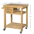 Homcom Bamboo Kitchen Island Cart On Wheels, Utility Trolley Cart With 2 Storage Drawers And Open Shelves, Bamboo Tone Natural Bamboo