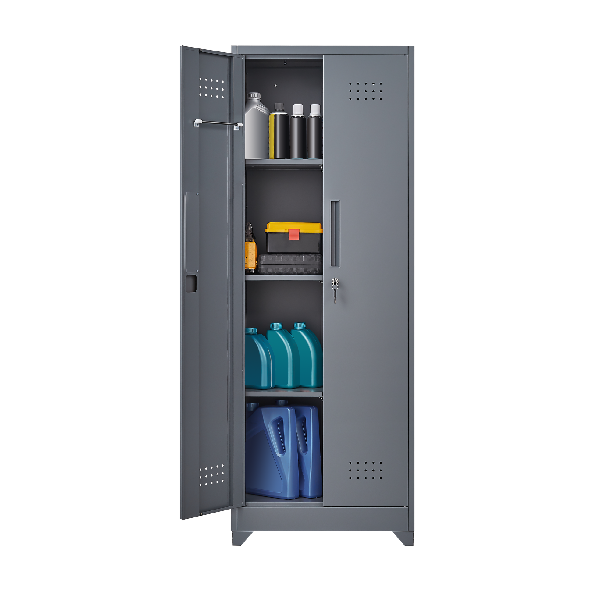 Metal Storage Cabinets, Cleaning Tool Cabinet With Locking Door, Tall Broom Tool Organizer And Storage, Large Storage Cabinet For Kitchen, Pantry, Office, Shop 3 4 Shelves Grey Door Locks Modern Metal