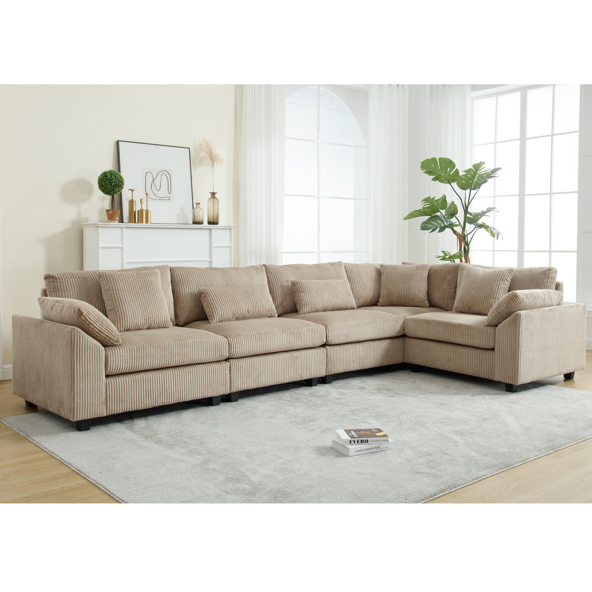 Oversized Modular Sectional Sofa Couch Set,L Shaped Sofa Sectional, 5 Seater Sofa For Living Room Corduroy Upholstered Sofa Set With 7 Free Pillowsbrown Brown Fabric 5 Seat