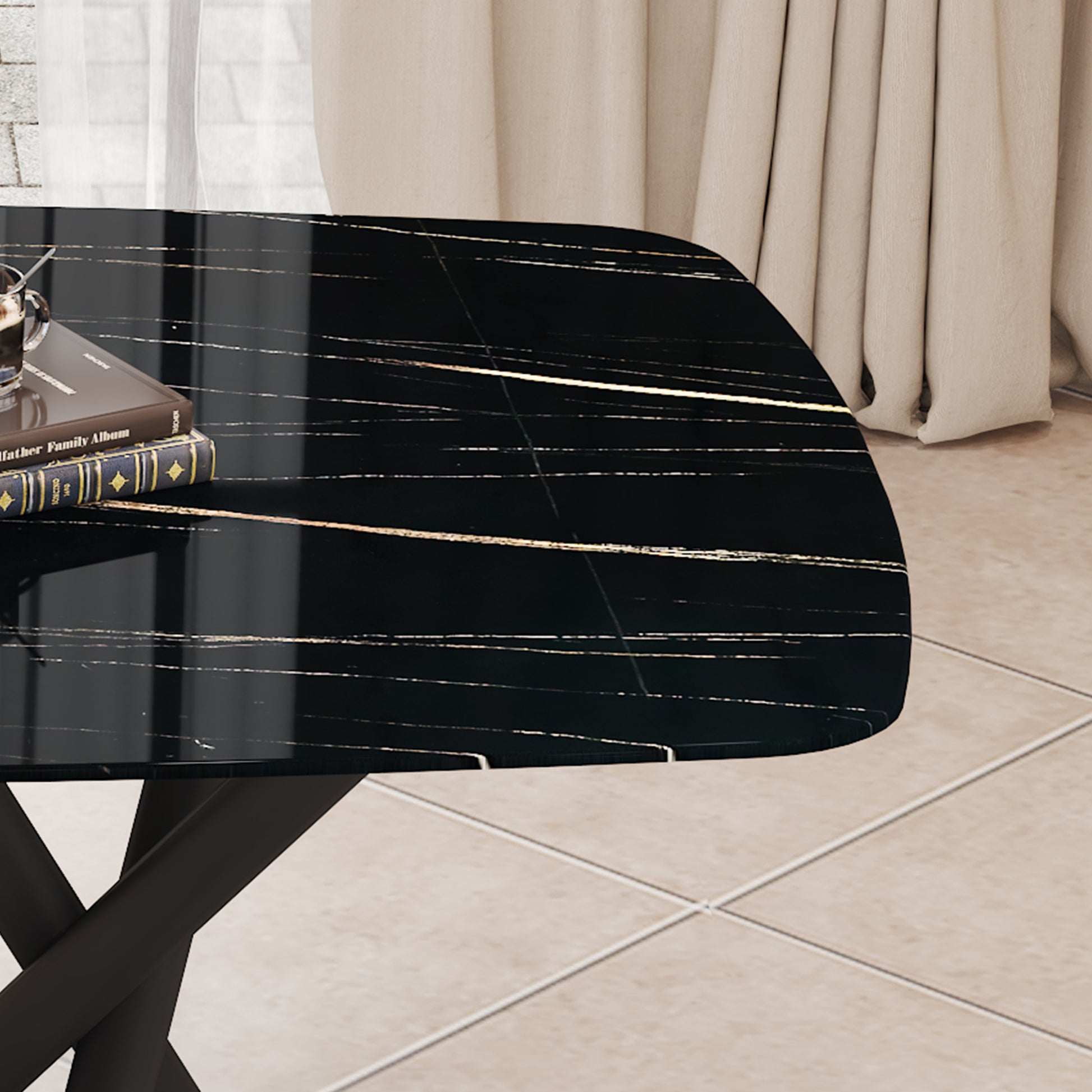 1 Table And 6 Chairs Set.A Rectangular Dining Table With A Imitation Marble Black Table Top And Black Metal Legs.Paired With 6 Chairs With Pu Leather Seat Cushion And Black Metal Legs.F 1538,C 007 Black Glass Metal