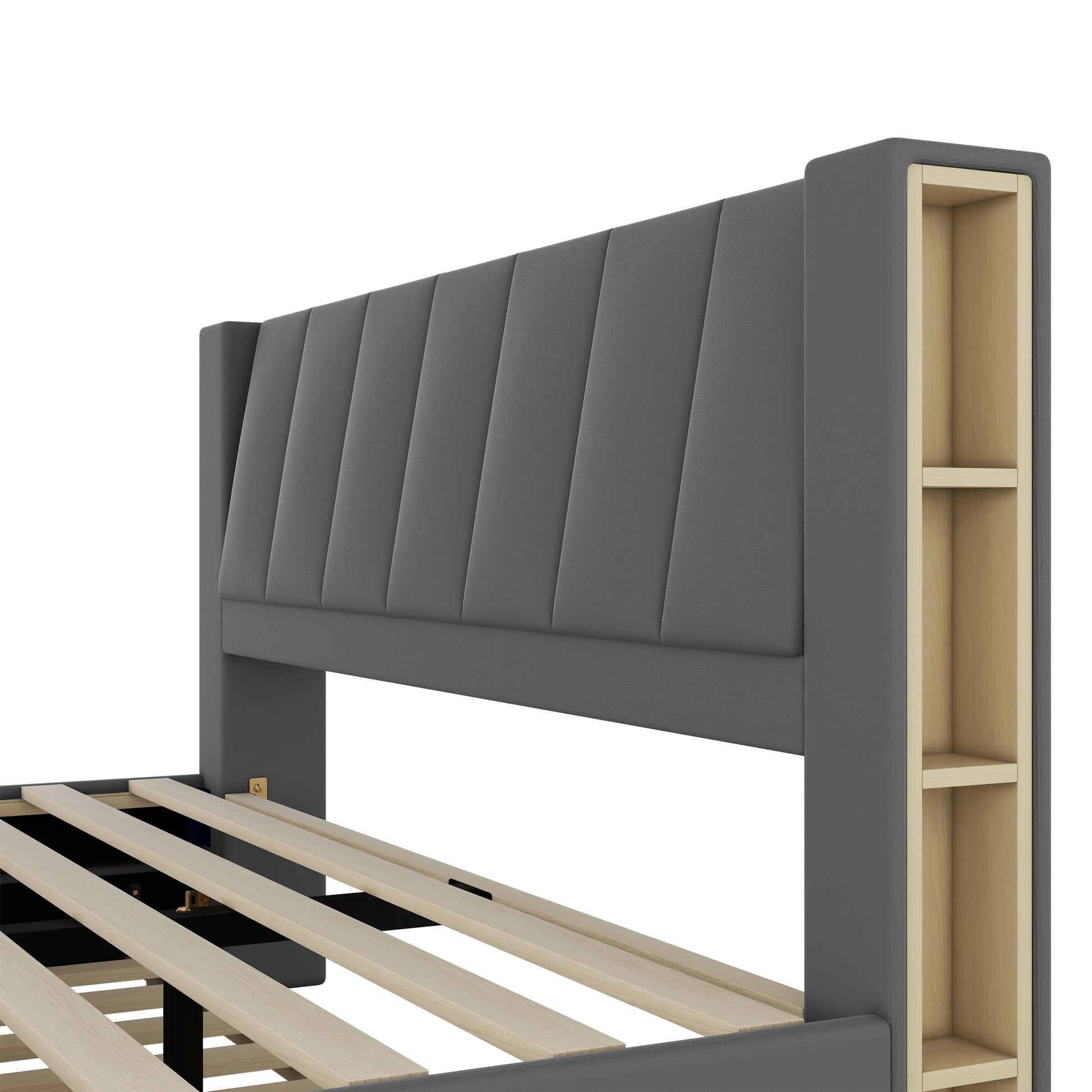 King Size Upholstery Platform Bed With Storage Headboard, 2 Drawers And Trundle, Gray King Gray Upholstered