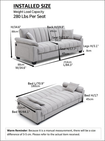 Sofa Bed Sleeper With Storage And One Side Pocket, Usb Charging Port, Swan Velvet Fabric Folding Futon Recliner For Living Room Furniture Apartment Bedroom Office Small Spaces Antique Gray Brown Velvet Wood Primary Living Space Medium Soft Tufted Back