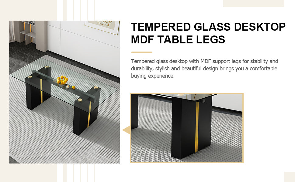 Table And Chair Set, Large Modern Minimalist Rectangular Glass Table, Can Accommodate 6 8 People, Equipped With Tempered Glass Tabletop And Large Mdf Table Legs, Comfortable And Minimalist Chairs. Transparent Mdf Glass