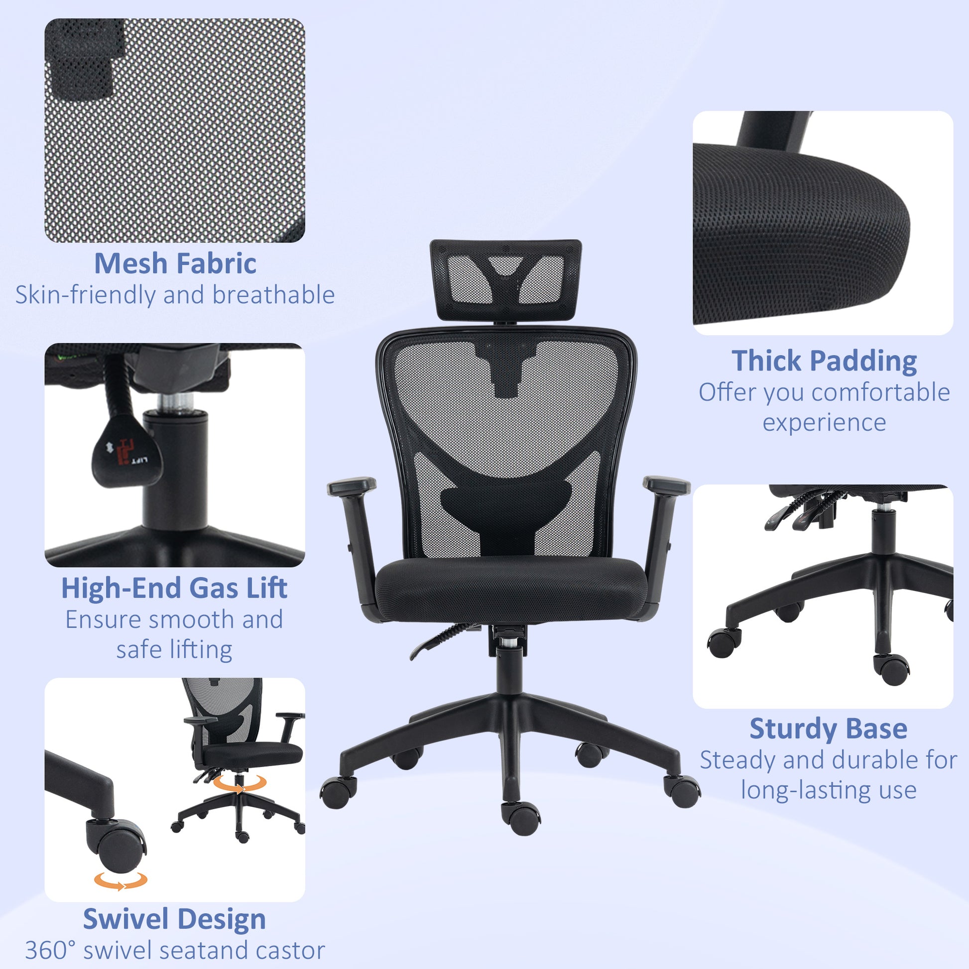 Vinsetto High Back Ergonomic Computer Home Office Chair, Mesh Task Chair With Lumbar Back Support, Reclining Function, Adjustable Headrest, Arms And Height, Black Black Polyester