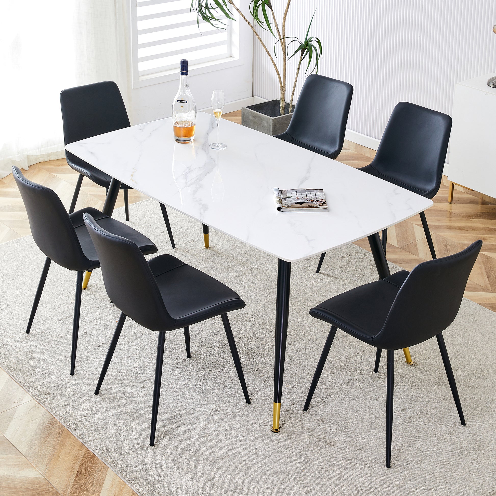 Table And Chair Set, White Imitation Marble Texture Rock Board Table Top, Black Metal Table Legs, Stable And Beautiful. Modern Simple Dining Table, Comfortable Seating. White Black Seats 6 Metal