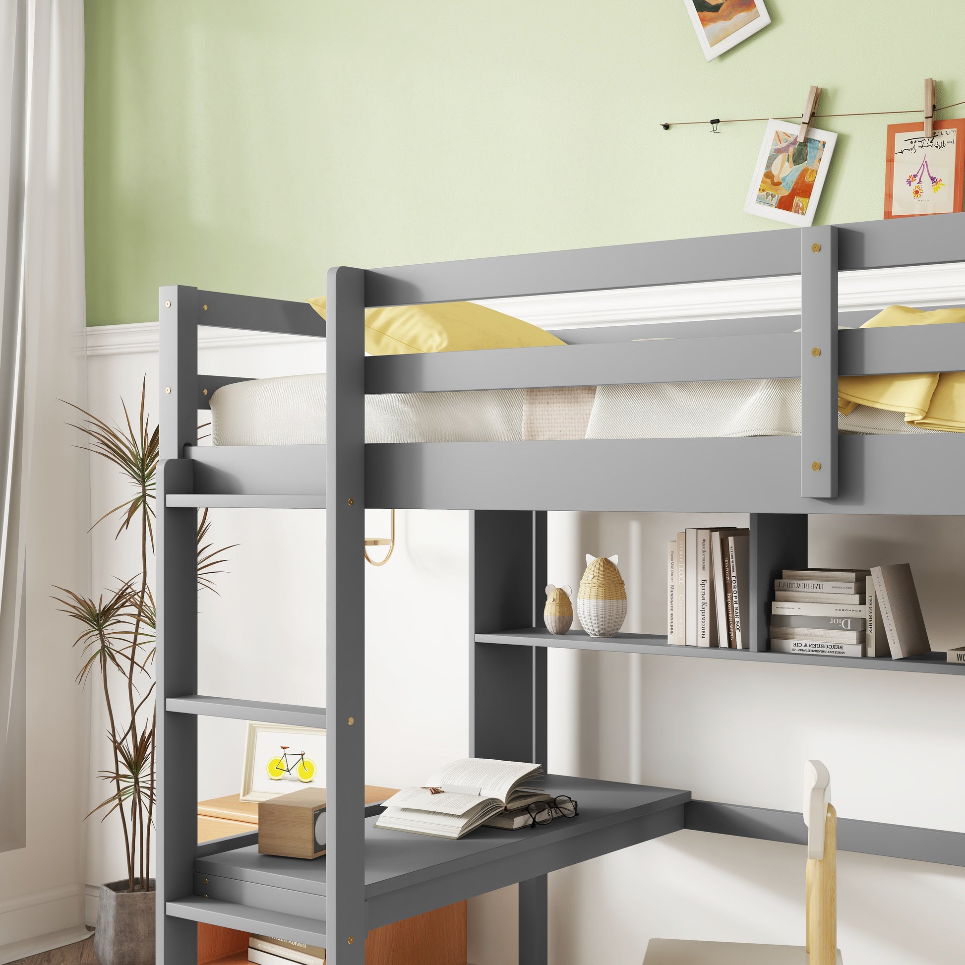 Twin Size Loft Bed With Desk And Shelves, Safety Guardrail And Ladder,Grey Twin Grey Pine