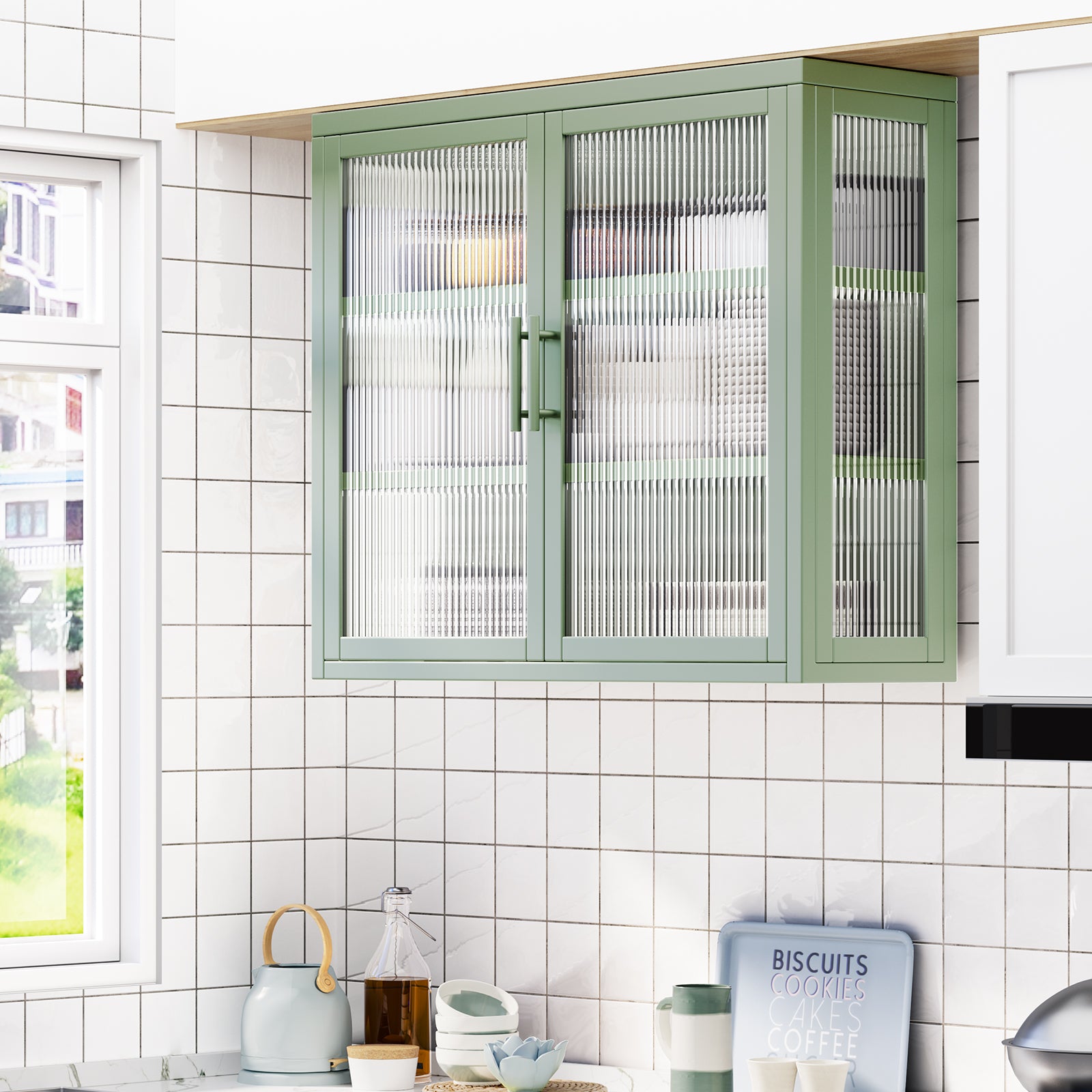 Retro Style Haze Double Glass Door Wall Cabinet With Detachable Shelves For Office, Dining Room,Living Room, Kitchen And Bathroom Mint Green Mint Green Tempered Glass Sheet Metal Plastic