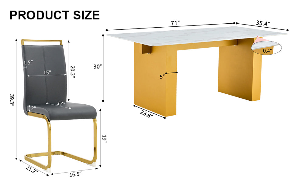 Table And Chair Set.Large Modern Rectangular Table With 0.4 Inch Patterned Glass Tabletop And Large Mdf Table Legs.Comes With 8 Chairs With Faux Leather Cushioned Seats And Golden Metal Legs. Gold White Seats 8 Mdf Glass