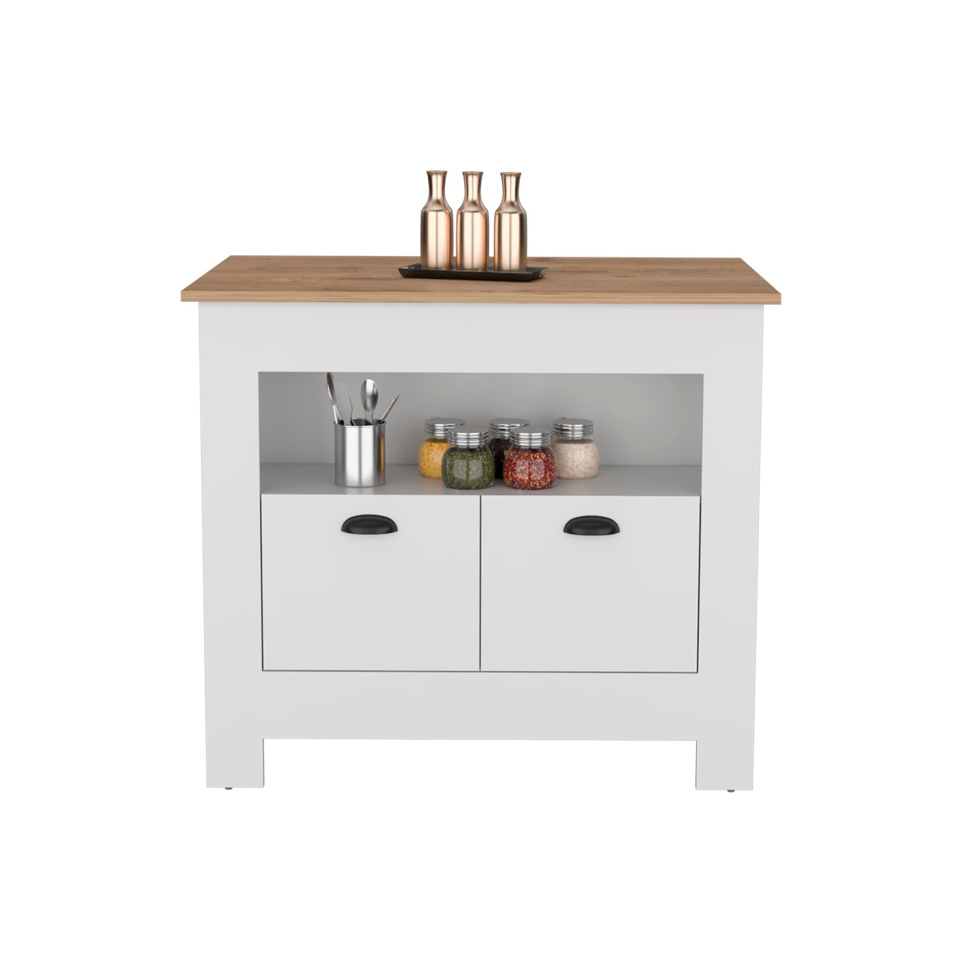 Floyd Kitchen Island 35" Hwhit 2 Doors, 3 Shelves, White Macadamia White Solid Wood Mdf Engineered Wood