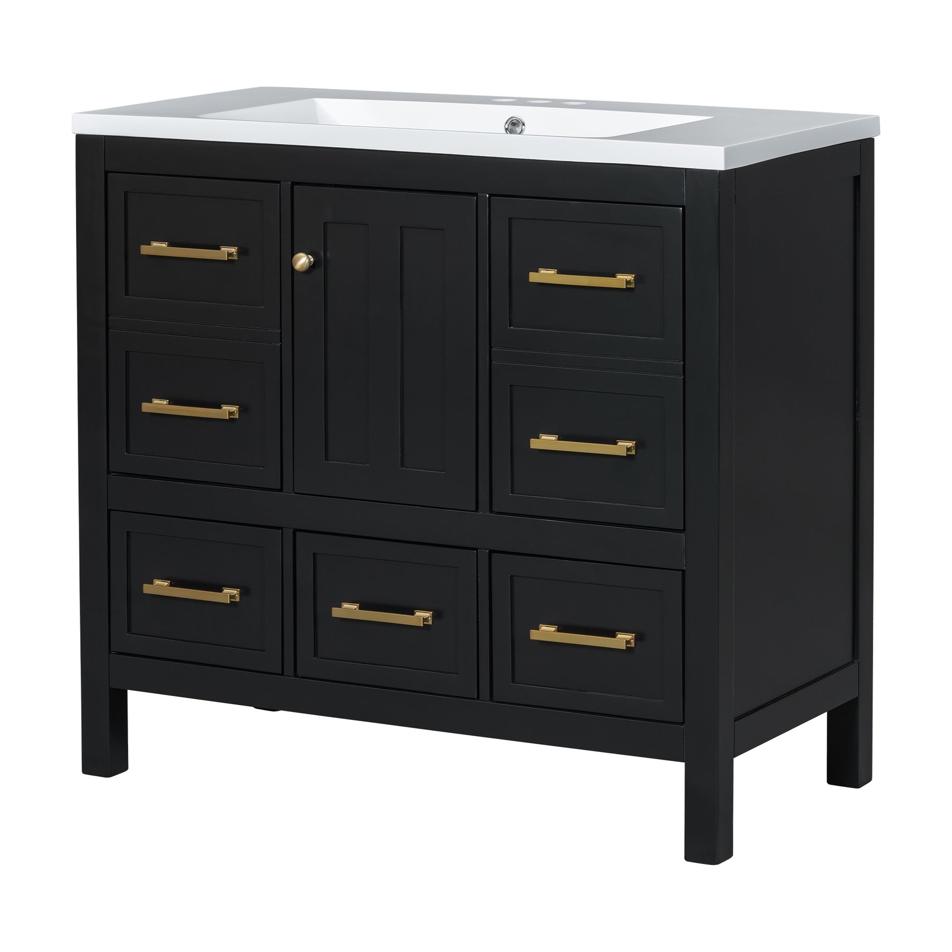 36'' Bathroom Vanity With Resin Sink Combo, Solid Wood Frame Bathroom Storage Cabinet, Freestanding Vanity Set With 5 Drawers& Soft Closing Doors Same As N710S136002B Black Bathroom Solid Wood Mdf Resin