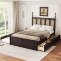 Queen Size Rattan Platform Bed With With 2 Big Drawers, T Size Trundle, Espresso Queen Espresso Plywood