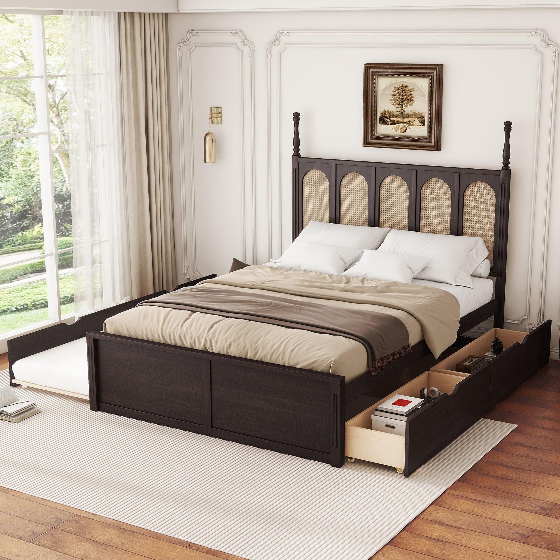 Queen Size Rattan Platform Bed With With 2 Big Drawers, T Size Trundle, Espresso Queen Espresso Plywood