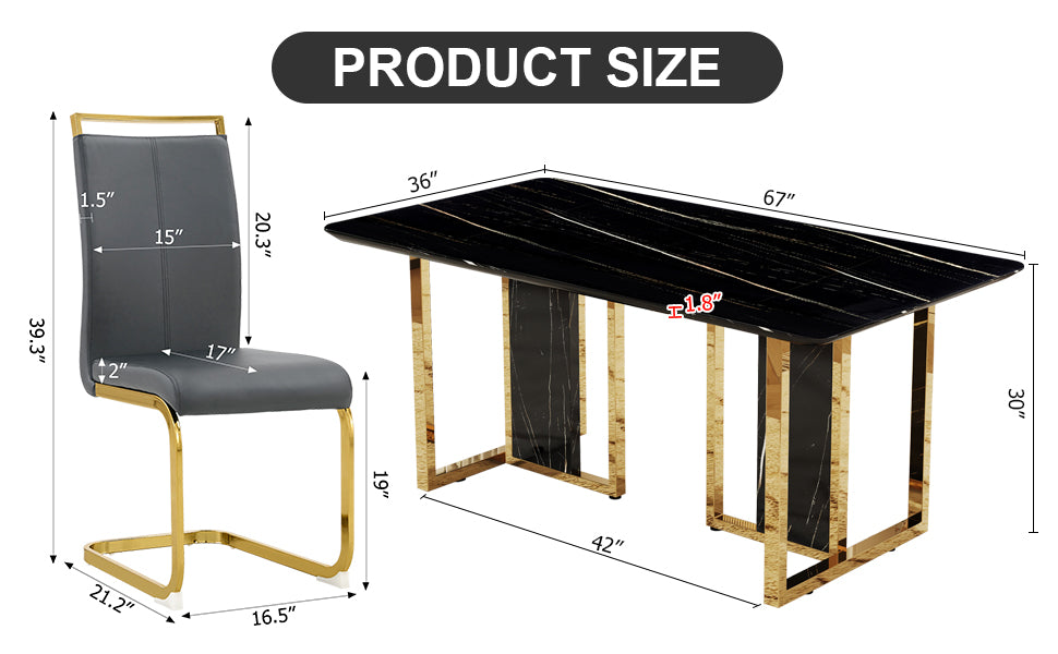 Table And Chair Set. Modern Dining Table With Mdf Top And Beautiful Mdf Legs. Equipped With Comfortable Pu Chairs And Metal Legs. Suitable For A Wide Range Of Decorative Styles. Black,Gray Seats 6 Mdf