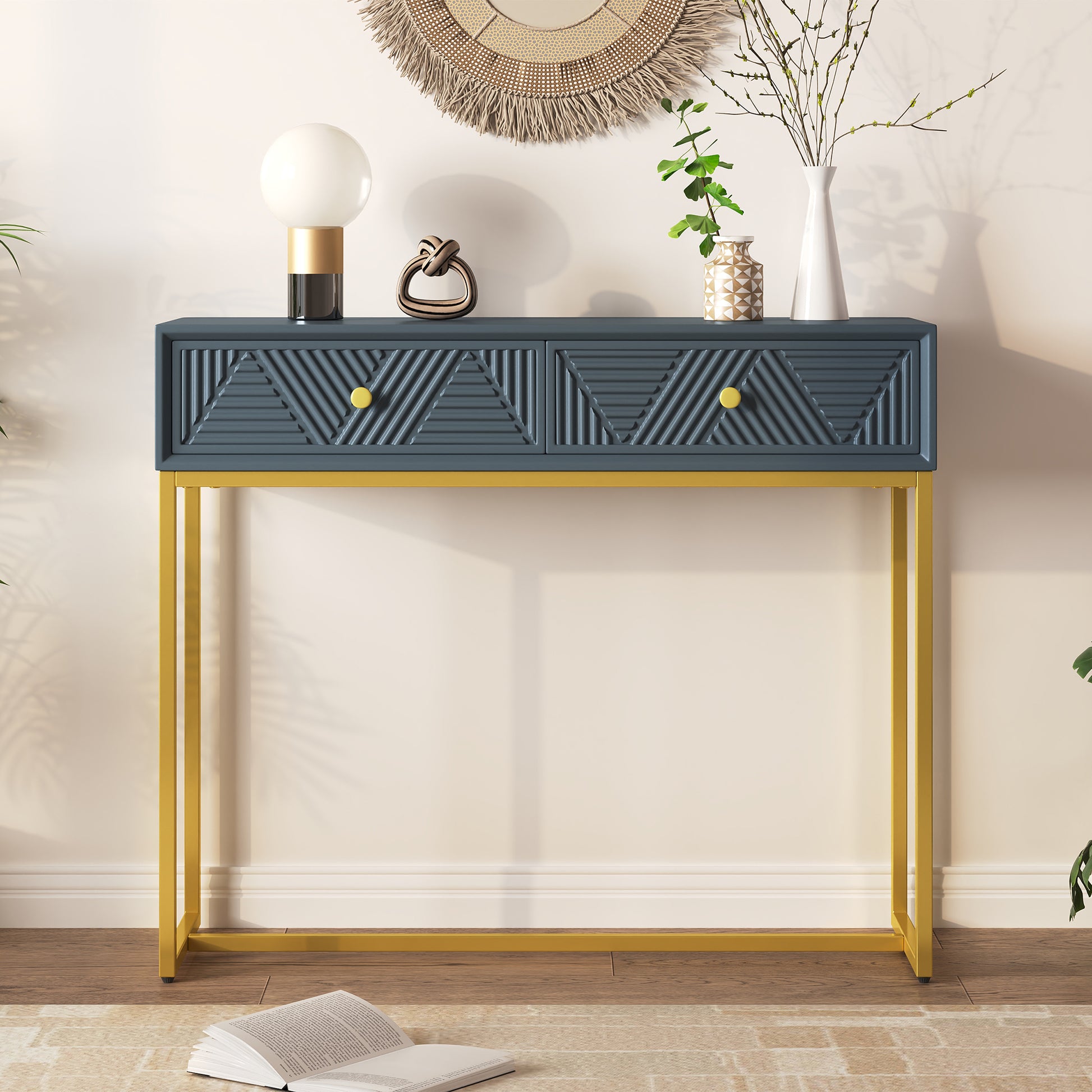 Modern Sleek Console Table Two Drawers With Stripe Design For Living Room And Entryway Grey Grey Mdf