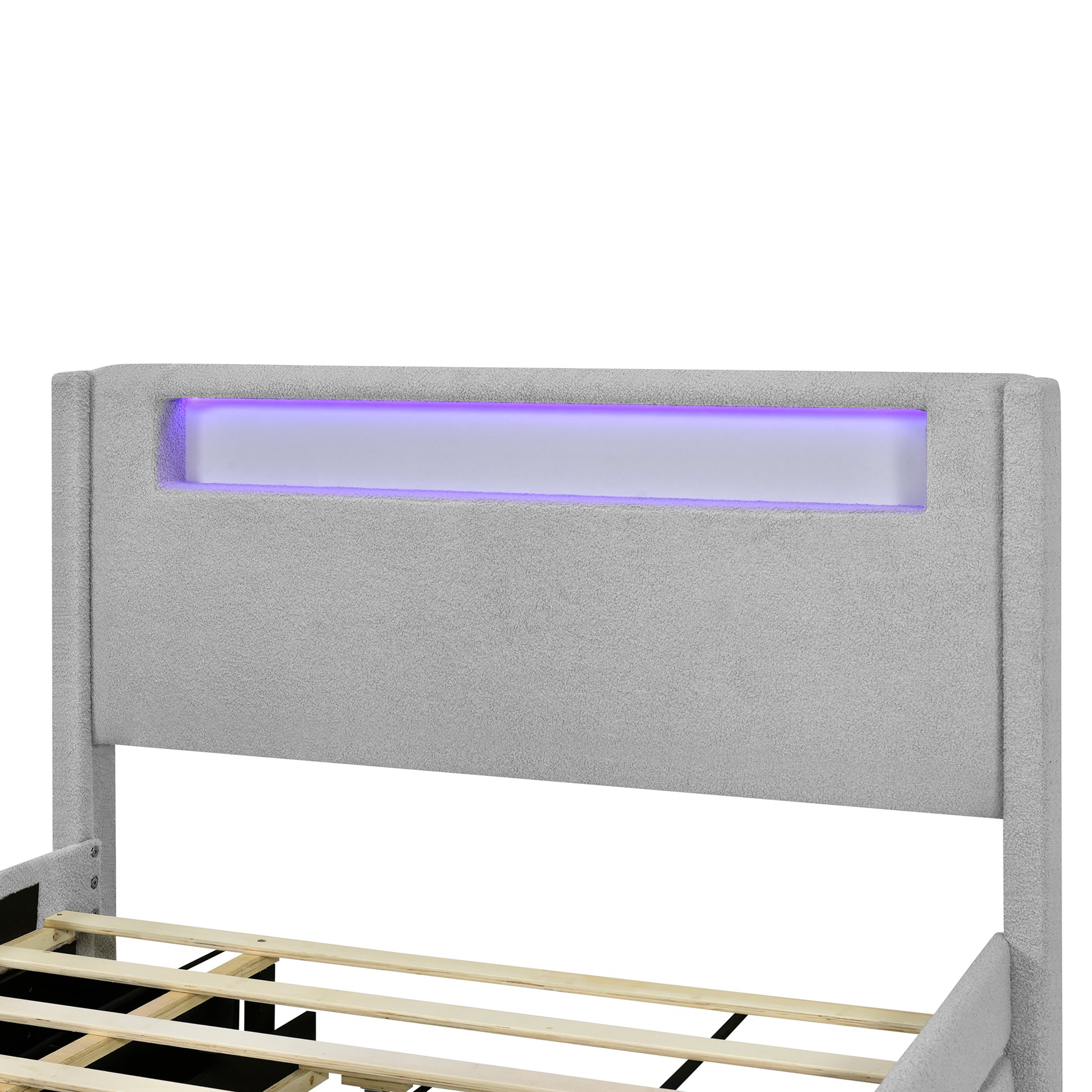 Queen Size Upholstered Platform Bed With Led Frame, With Twin Xl Size Trundle And 2 Drawers, Teddy Fleece, Gray Gray Fleece