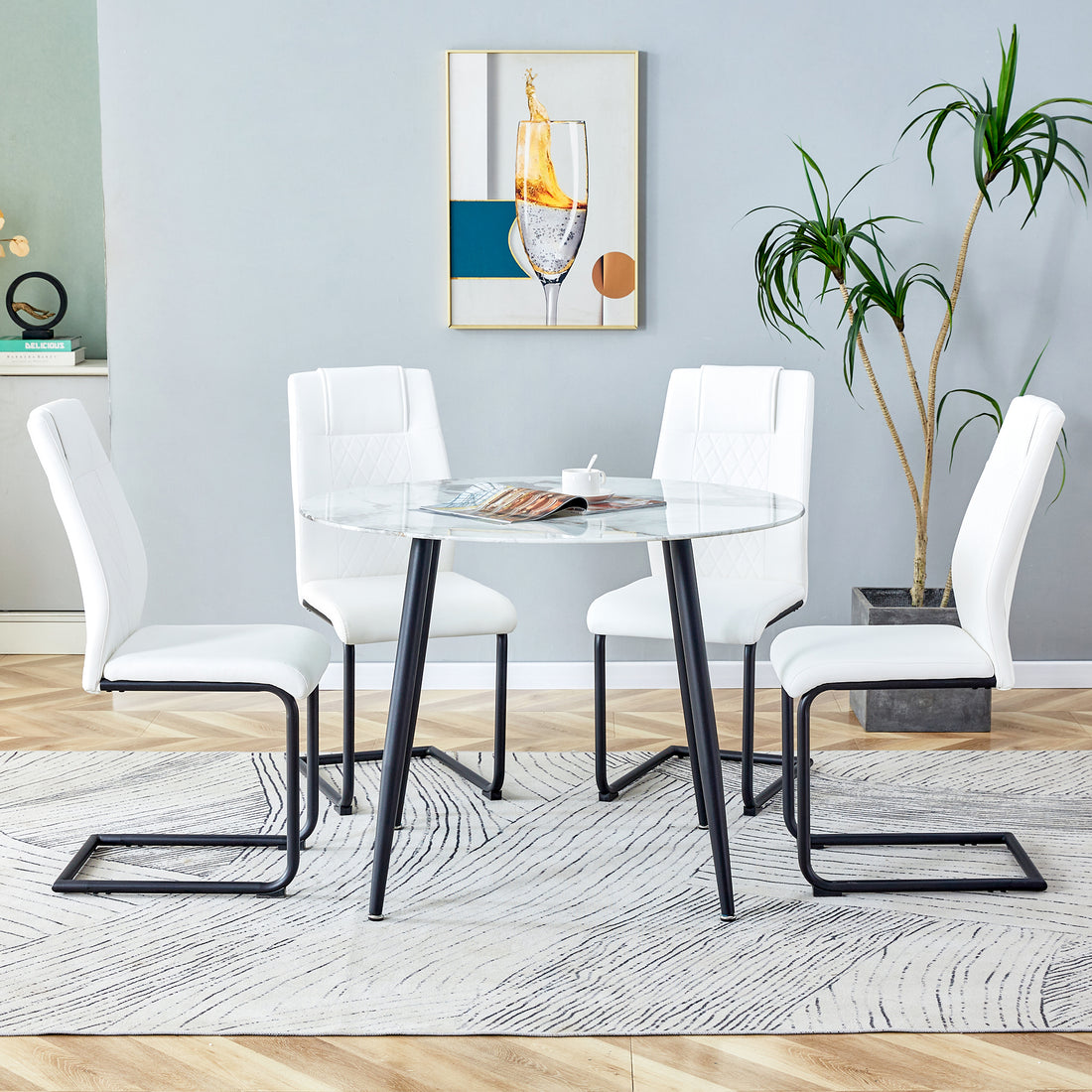 Table And Chair Set. Large Modern White Imitation Marble Patterned Round Table With Black Metal Legs. Nice Minimalism, Comfortable Seats And Black Metal Legs. White Black Seats 4 Glass Metal