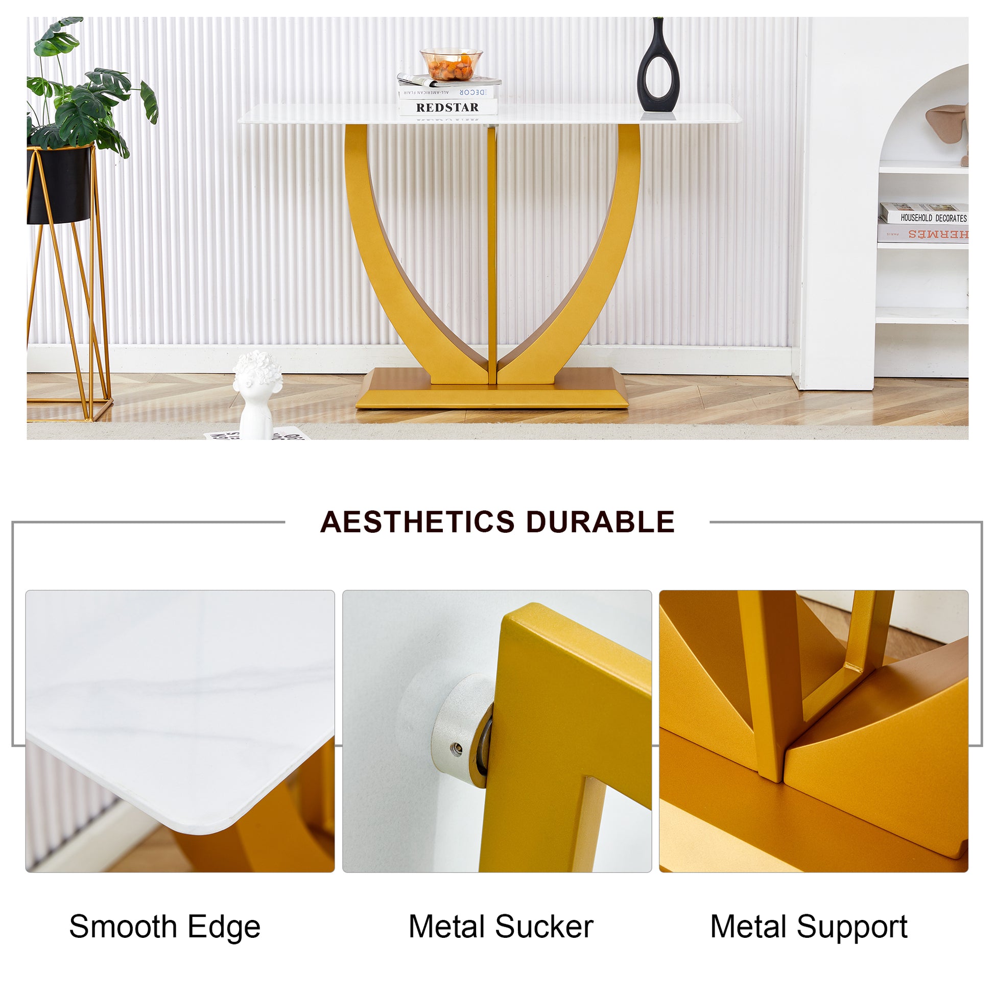 Modern And Simple Rectangular Glass Dining Table In White With A Pattern, 0.39 "White Top And Gold Legs, Suitable For Entrance And Living Room. White Glass