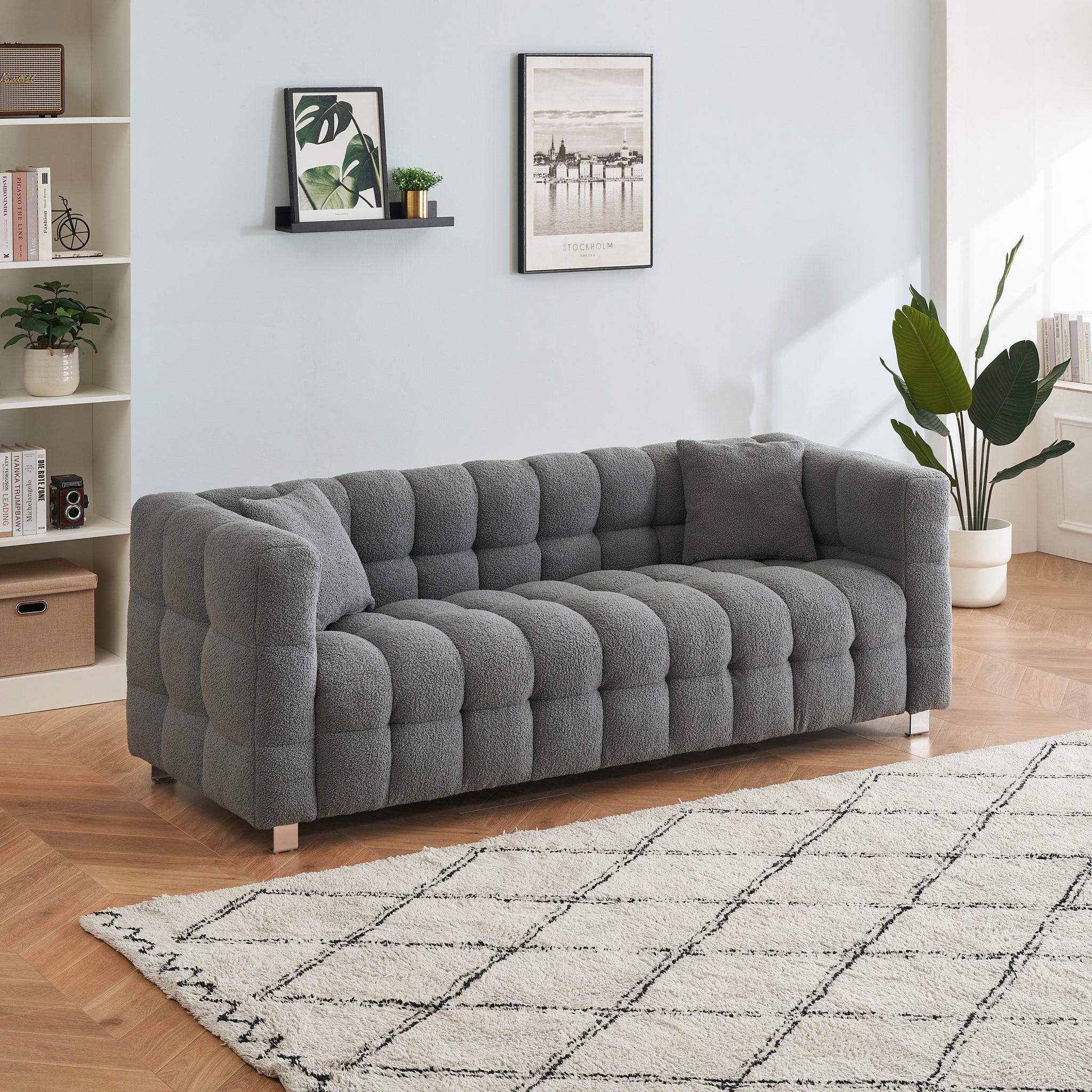 Grey Teddy Fleece Sofa 80 Inch Discharge In Living Room Bedroom With Two Throw Pillows Hardware Foot Support Gray Polyester Blend 3 Seat