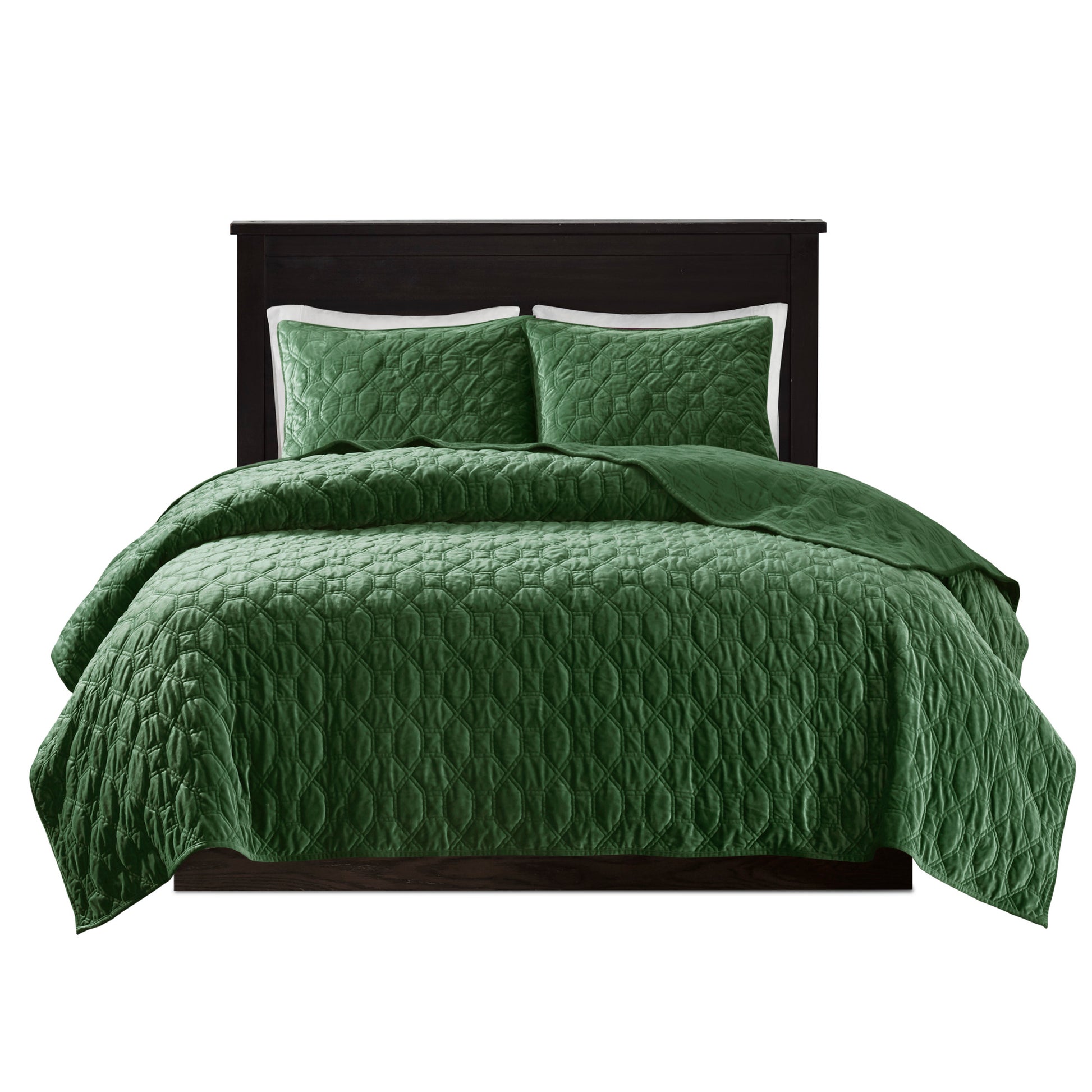 3 Piece Velvet Quilt Set Green King Cal King King Green Cotton