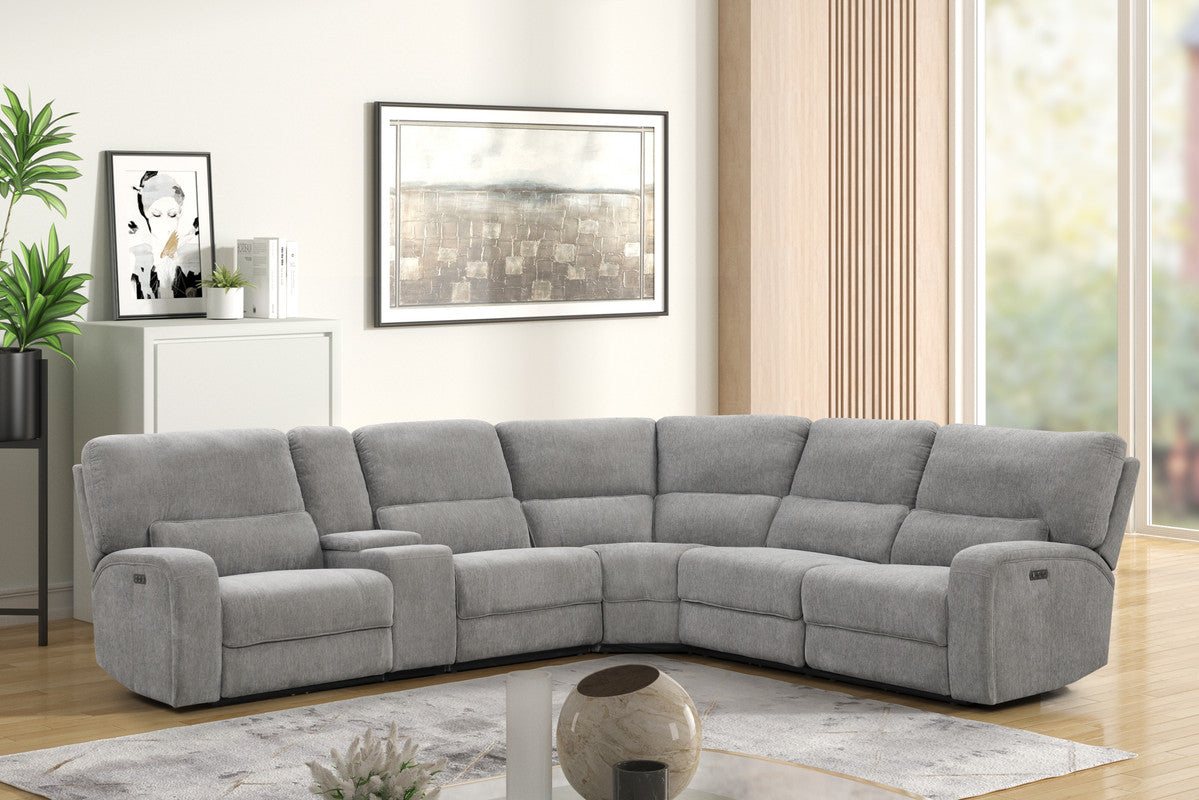 Anthony 114" Wide Light Gray Chenille Fabric Power Reclining Sectional With Power Headrest, Charging Ports, Storage, And Cupholders Light Gray Chenille 5 Seat