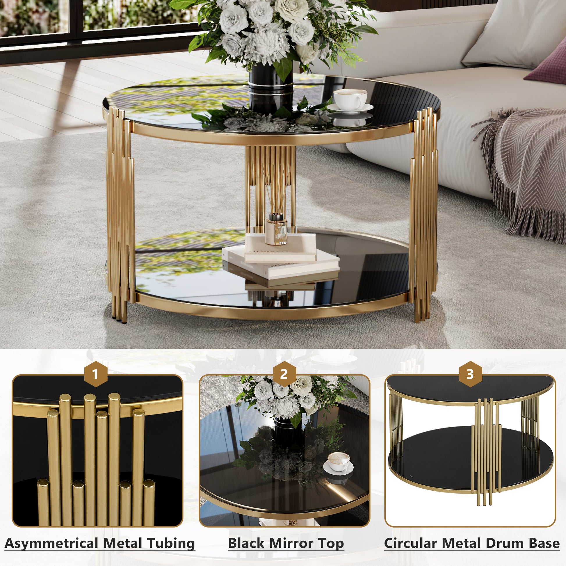 Modern Black Mirror Coffee Table, Asymmetrical Metal, Circular Metal Drum Base, Gold Finish & Lower Shelf Black Tempered Glass