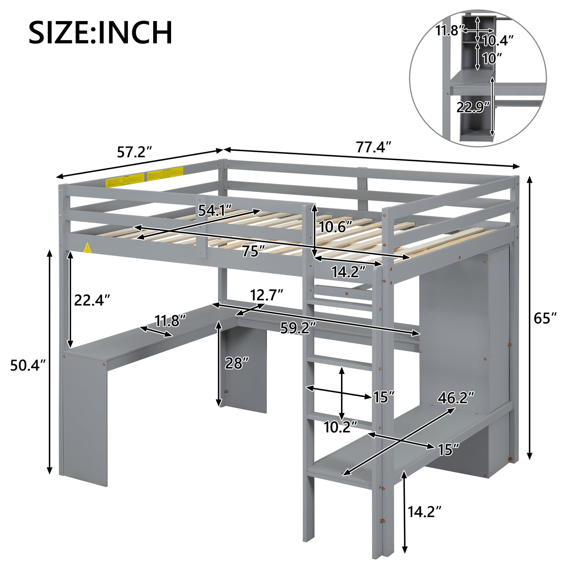 Full Size Loft Bed With L Shaped Desk, Wardrobe And Storage Shelves, Grey Expected Arrival Time: 8.31 Box Spring Not Required Full Grey Wood Bedroom Solid Wood Mdf