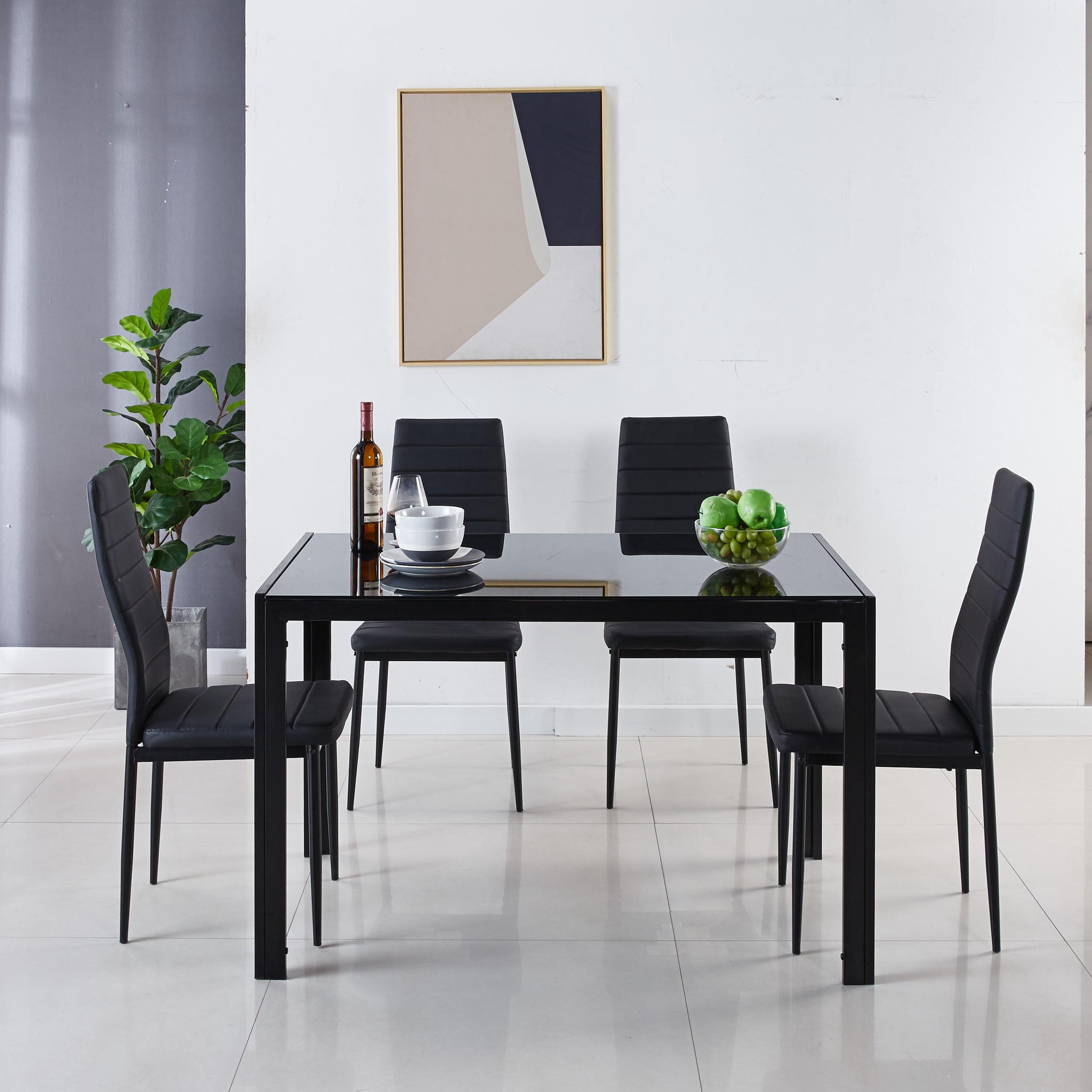 1 4,5Pieces Dining Set, Table Metal Leg Mid Century Dining Table For 4 6 People With Glass Table Top, Pedestal Dining Table, End Table Leisure Coffee Table Black Glass Metal