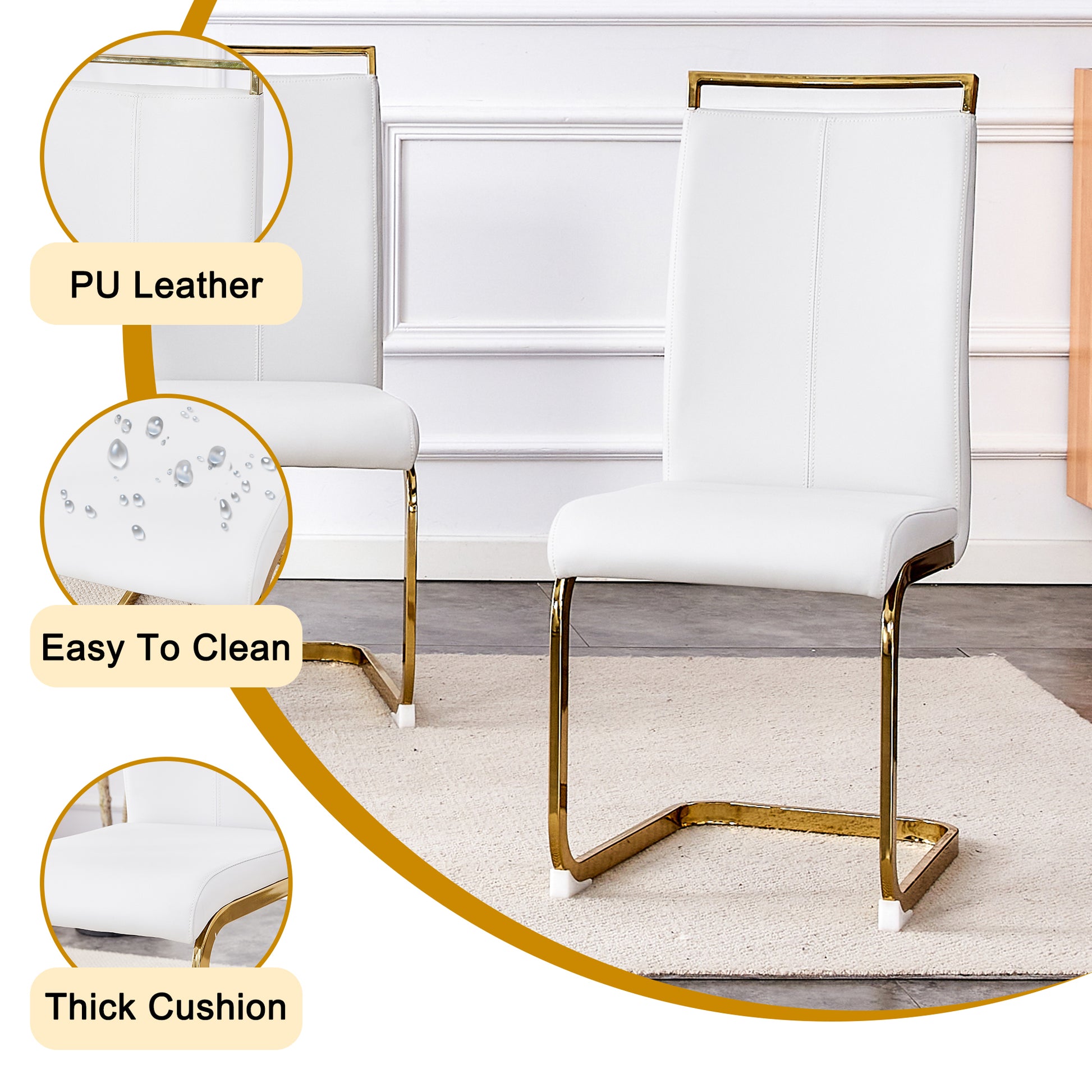 Table And Chair Set, Rock Plate Table Top, Gold Metal Table Legs, Stable And Beautiful, Suitable For Most Home Styles. Modern Simple Dining Table, Comfortable Seating. White Gold Seats 6 Sintered Stone