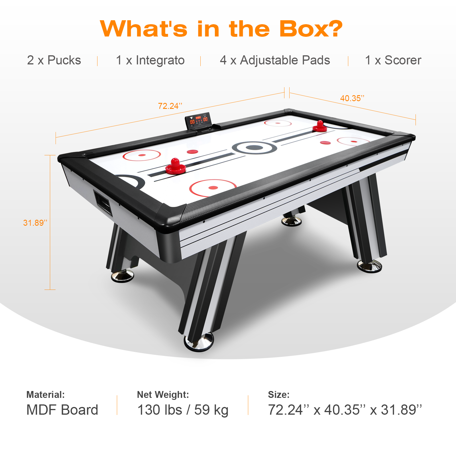 Air Hockey Table, 72" Indoor Hockey Table For Kids And Adults, Led Sports Hockey Game With 2 Pucks, 2 Pushers, And Electronic Score System, Arcade Gaming Set For Game Room Family Home Indoor Fitness Black White Gym Gym Mdf