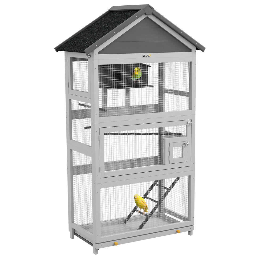 Pawhut Wooden Bird Aviary, 67" Outdoor Bird Cage With Slide Out Tray, Three Doors, Birdhouse, Ladder, Perches For Finches, Parakeets, Gray Gray Wood