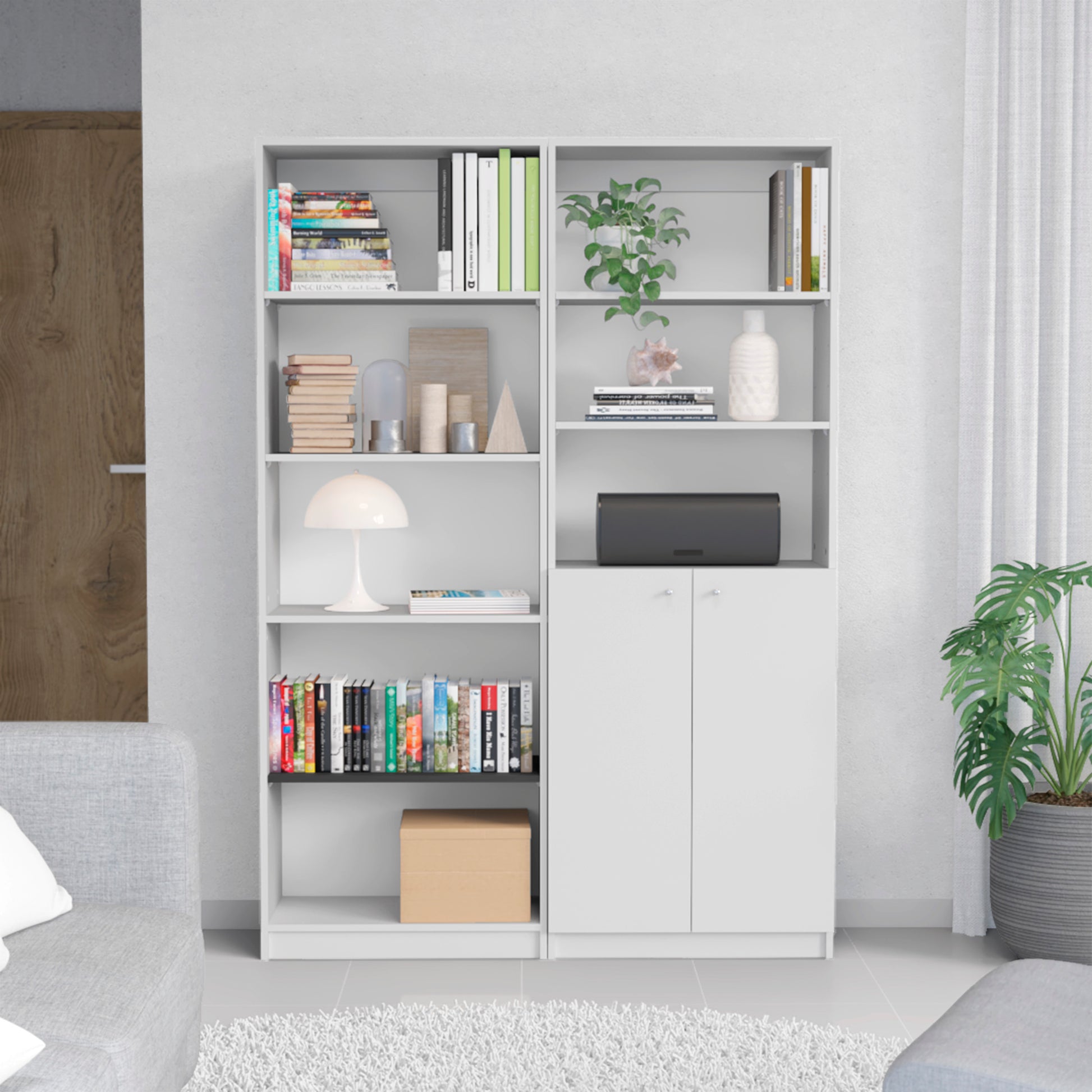 Layton 2 Piece Home Bookcase Set, 49" Wide With 8 Shelves And Double Door Cabinet, Living Room Set White Freestanding 5 Or More Shelves Matte White Office Adjustable Shelves Modern Particle Board