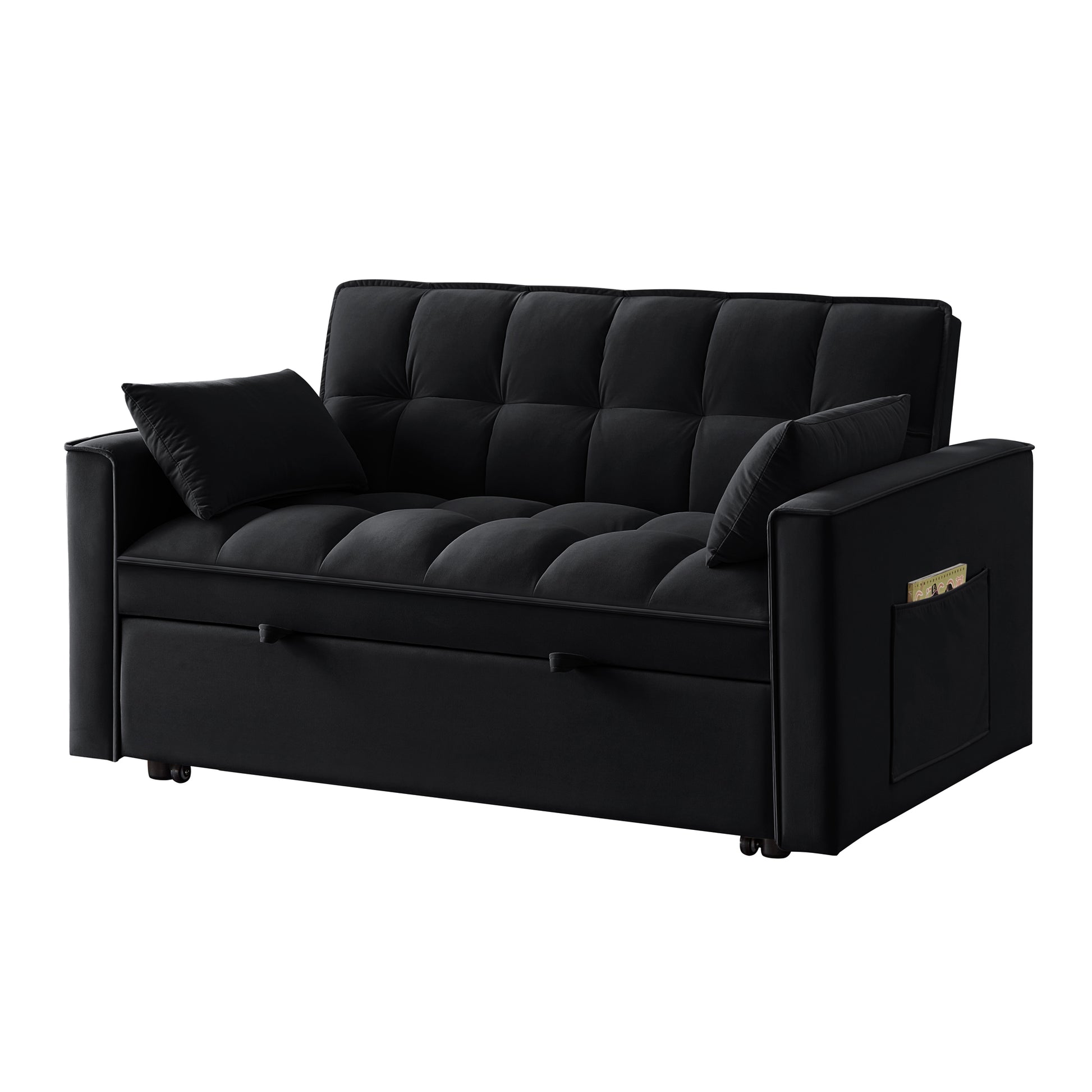 4 In1 Loveseat Sofa Bed With Armrests & Storage Pockets, Multi Function Tufted Pull Out Sofa Bed With Adjustable Backrest And Pillows, Convertible Loveseat Sofa Couch,Black Black Velvet Primary Living Space Medium Soft Tufted Back American