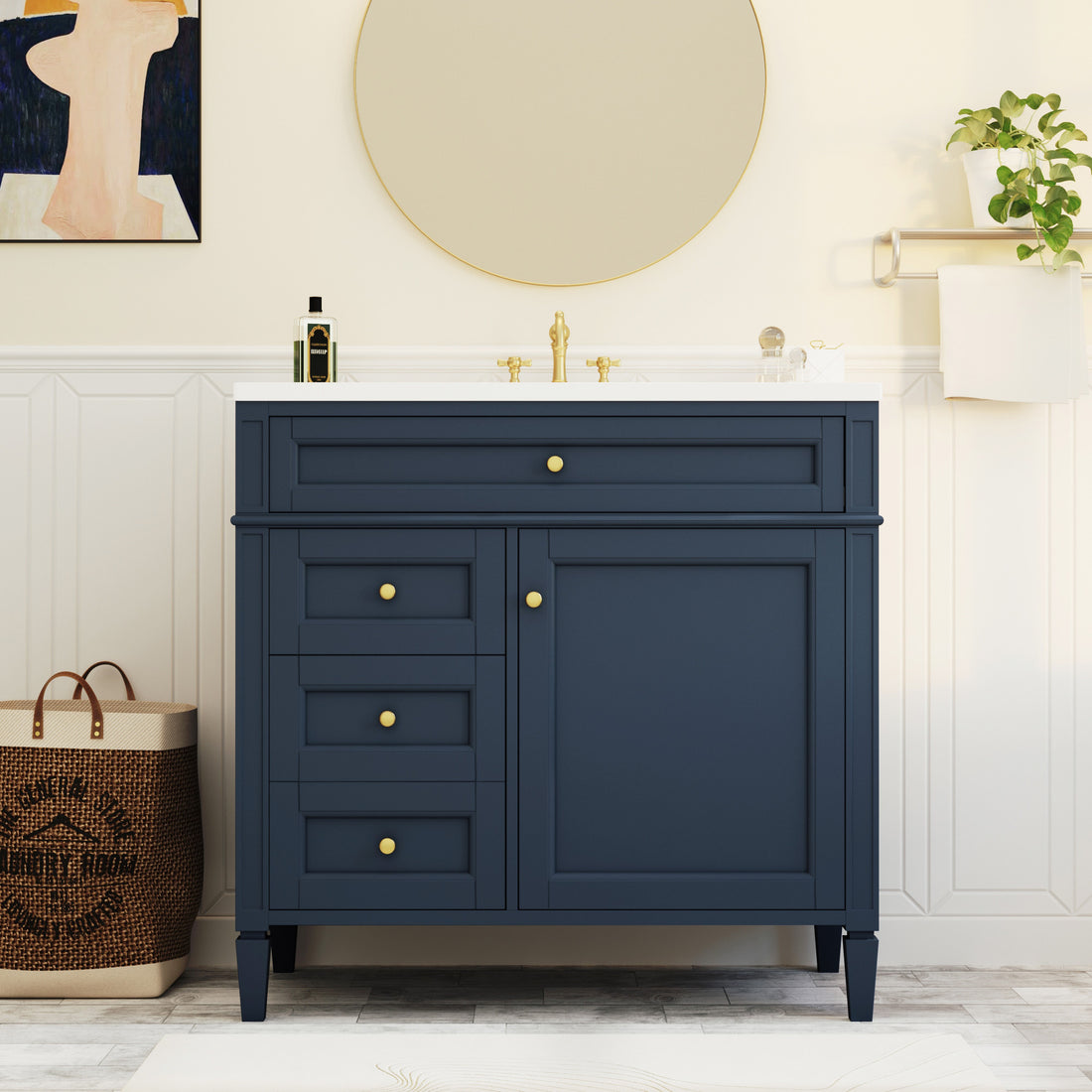 36'' Bathroom Vanity With Top Sink, Modern Bathroom Storage Cabinet With 2 Drawers And A Tip Out Drawer, Single Sink Bathroom Vanity 3 Blue 1 1 Adjustable Hinges Bathroom Freestanding Solid Wood Mdf Painted