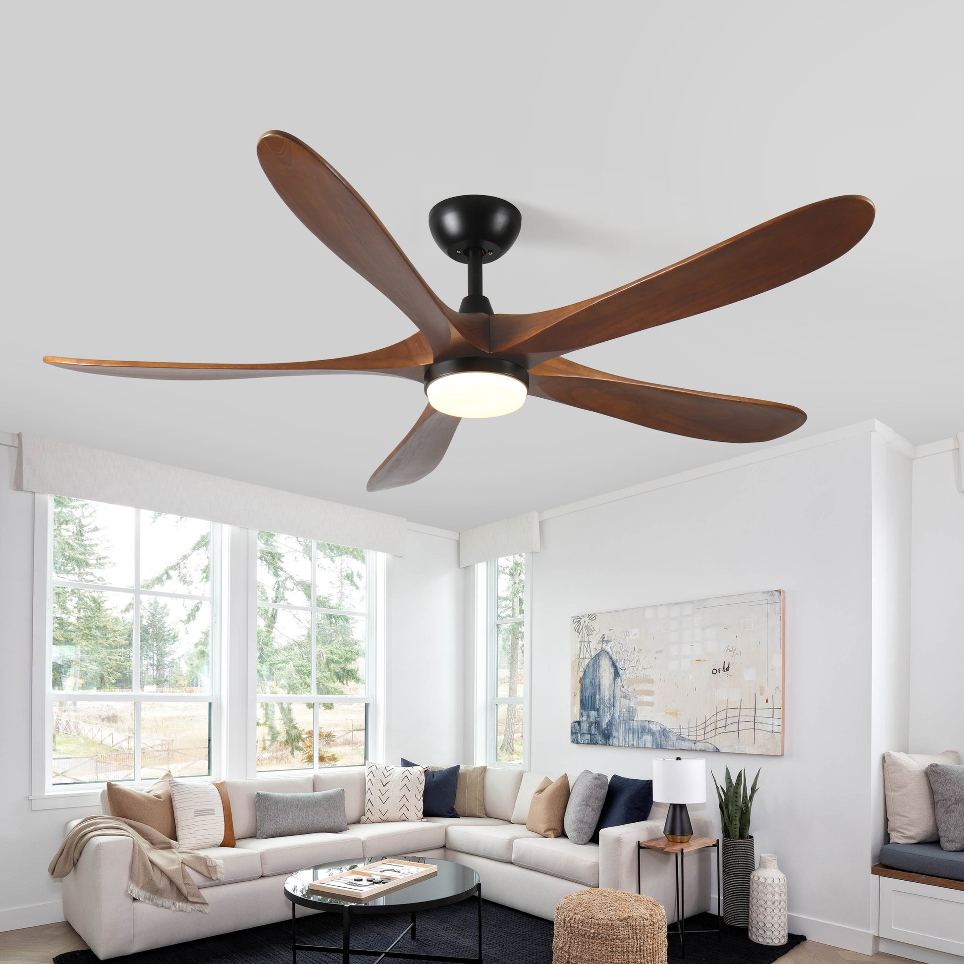 62 Inch Solid Wood With Remote Control With Light Led Modern Dc Dc Motor Indoor Outdoor 5 Blade Ceiling Fan For Patios, Bedrooms And Farmhouses Antique Brown Solid Wood