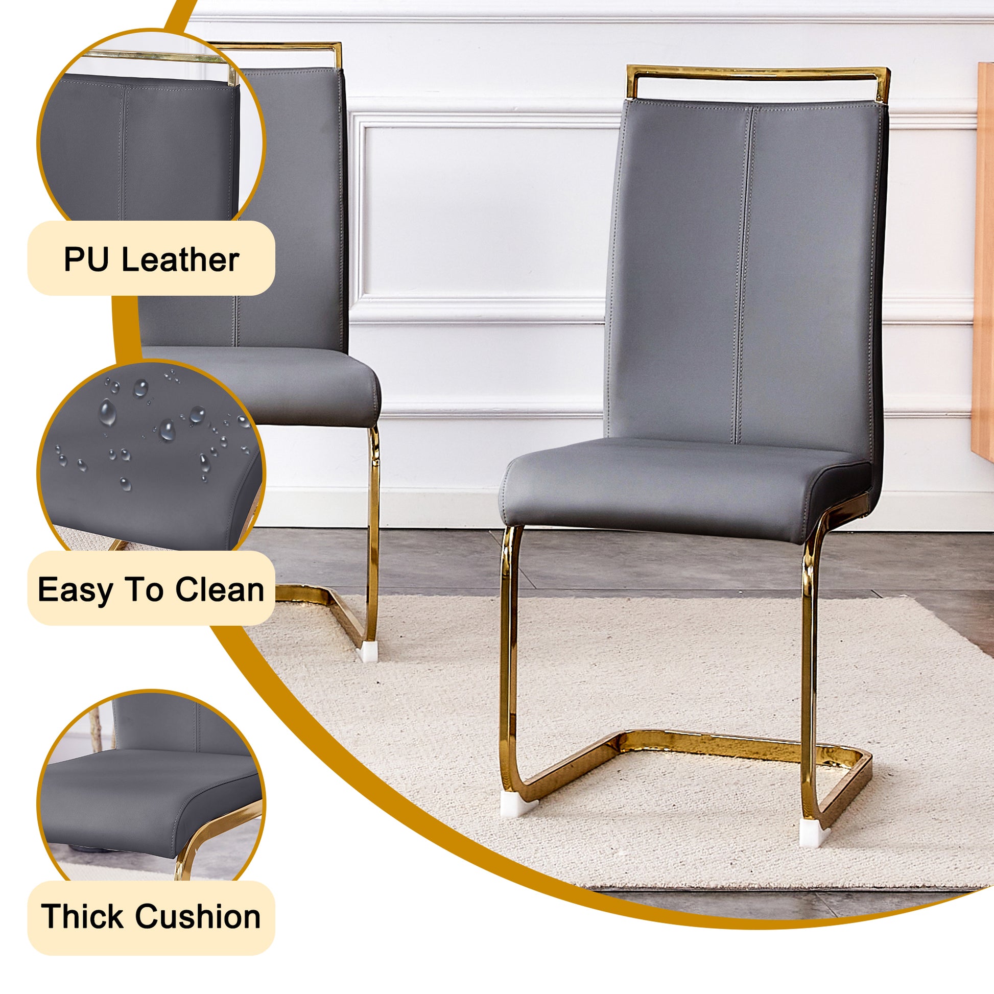 Table And Chair Set, Rock Plate Table Top, Gold Metal Table Legs, Stable And Beautiful, Suitable For Most Home Styles. Modern Simple Dining Table, Comfortable Seating. Grey Gold Seats 6 Sintered Stone