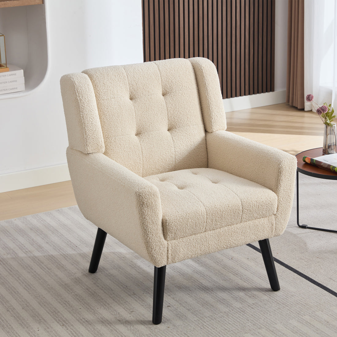 Modern Soft Teddy Material Ergonomics Accent Chair Living Room Chair Bedroom Chair Home Chair With Black Legs For Indoor Home White Teddy Fabric White Foam Upholstered