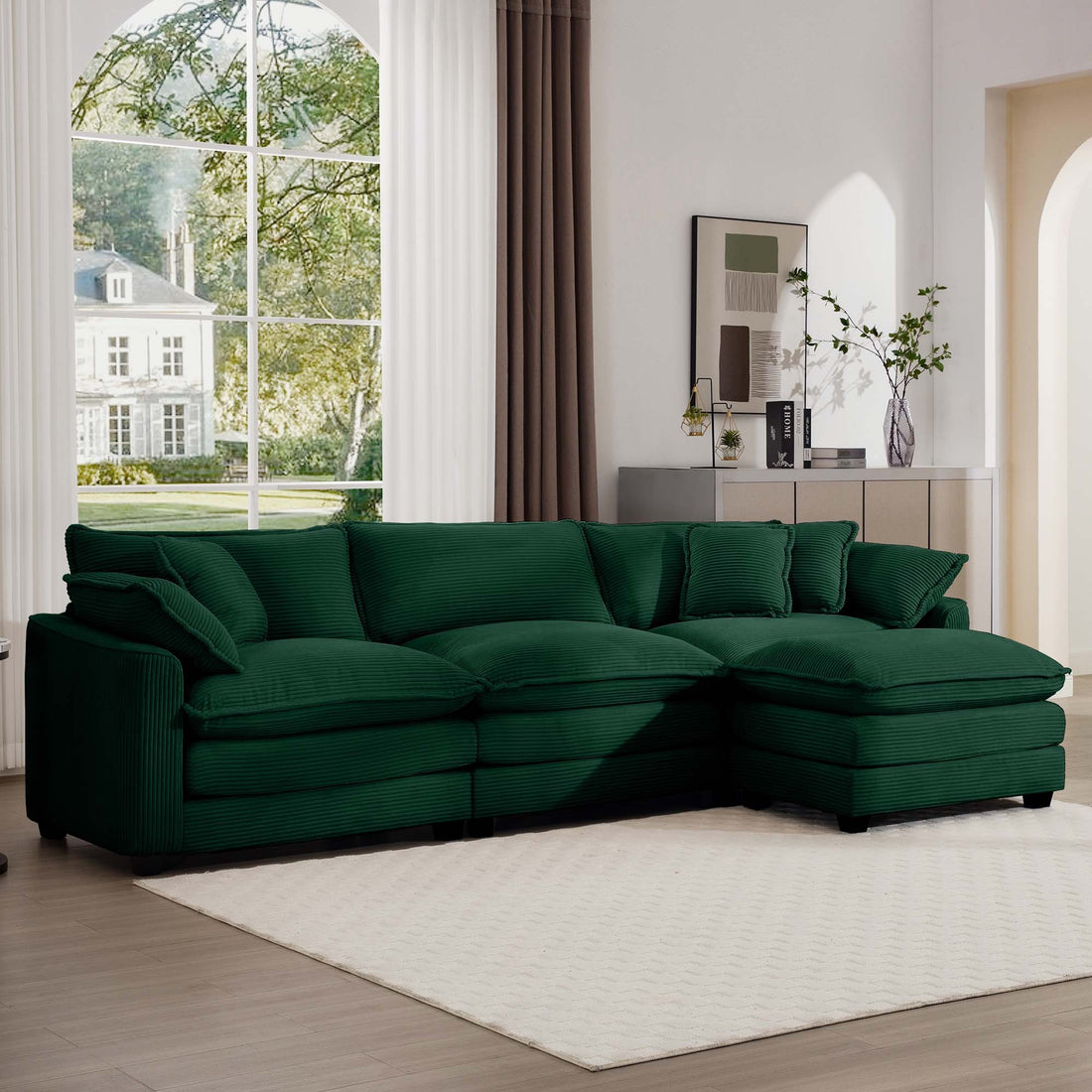 Corduroy 3 Seater Sofa With 1 Footrest, L Shaped Double Sofa With Ottoman For Small Living Rooms, Green Corduroy Sofa Green Corduroy 3 Seat