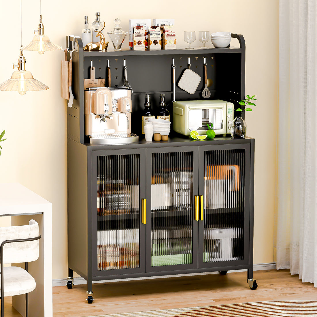 Carbon Steel Kitchen Storage Cabinets, Microwave Stand, Bakers Racks For Kitchens With Storage, Microwave Cart, Transparent Flap Door Design Kitchen Storage Shelves Free Screws 4 Tiers Dark Grey Grey Kitchen American Design Carbon Steel Metal