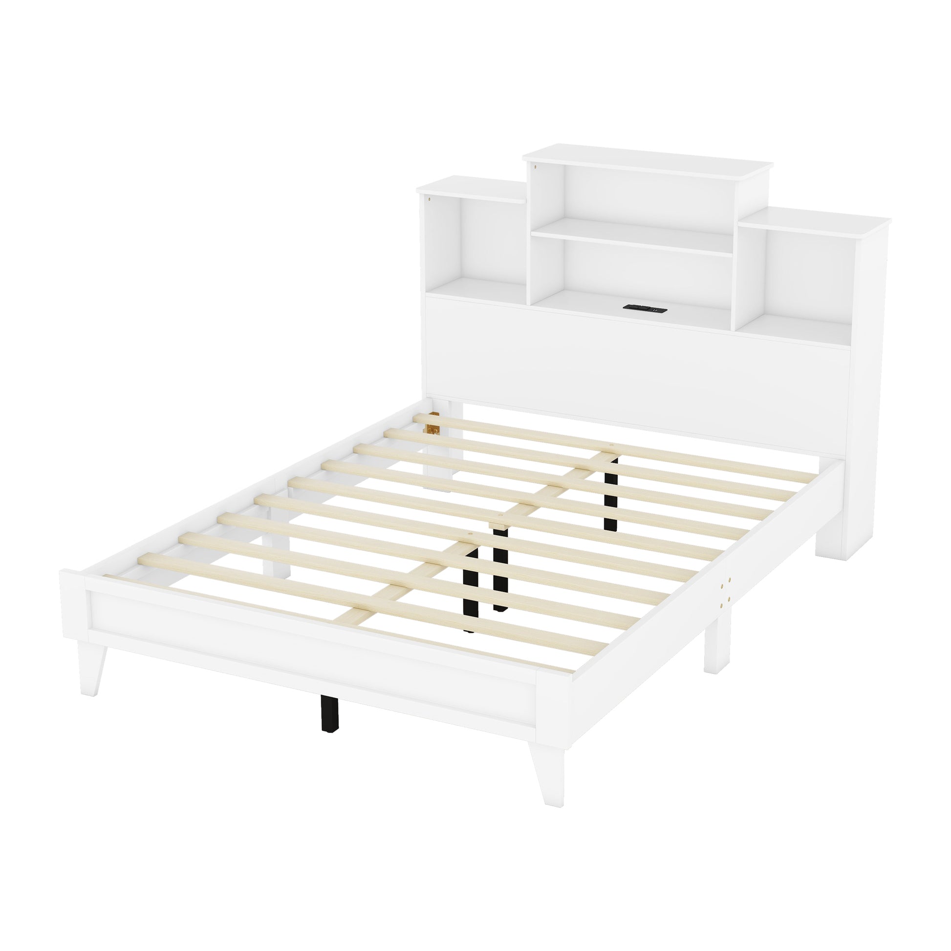 Queen Size Storage Platform Bed Frame With 4 Open Storage Shelves And Usb Charging Design,White Queen White Solid Wood Mdf