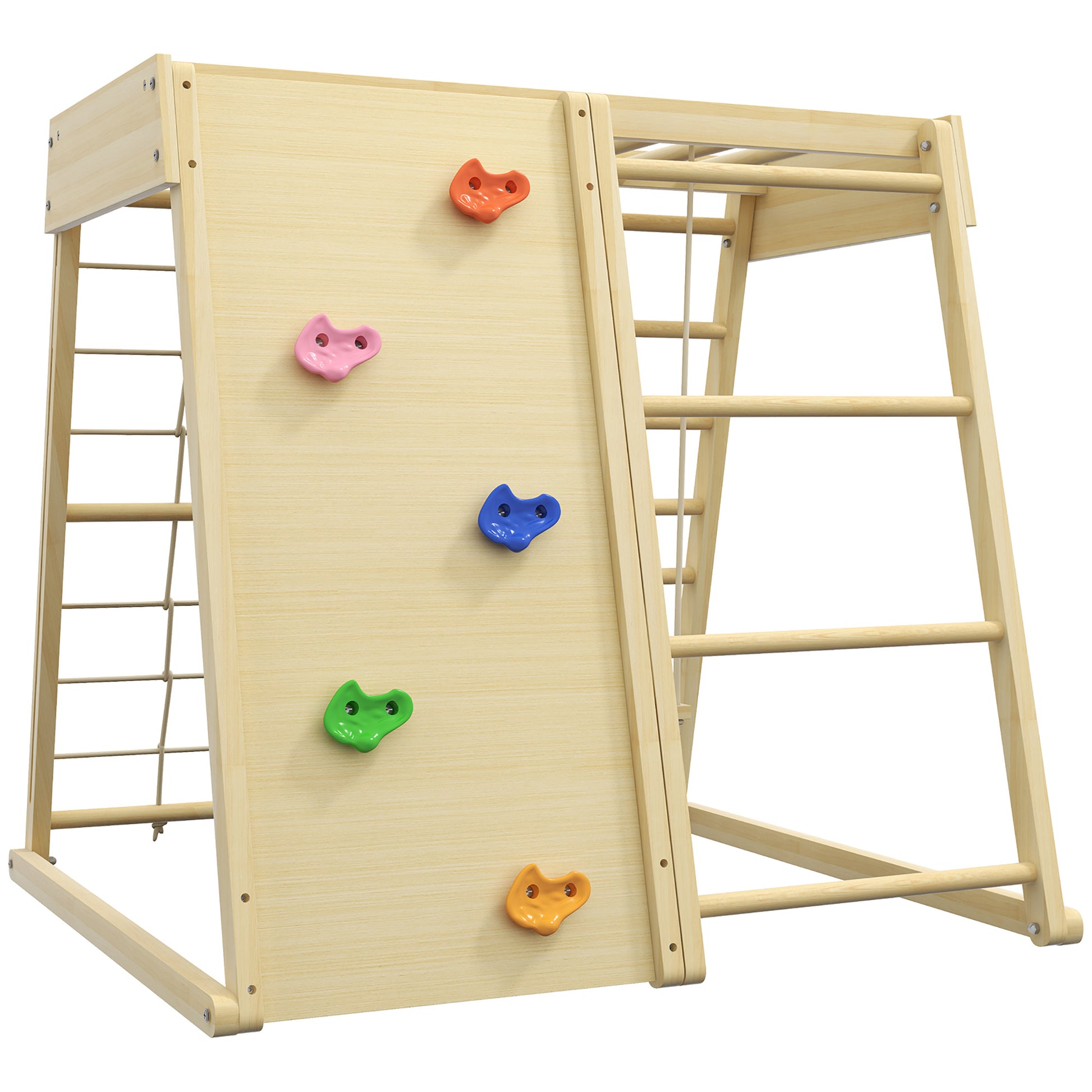 Qaba Indoor Jungle Gym,5 In 1 Toddler Climbing Toys With Monkey Bars, Wooden Climbing Wall, Rope, For 3 Years Old Wood Wood