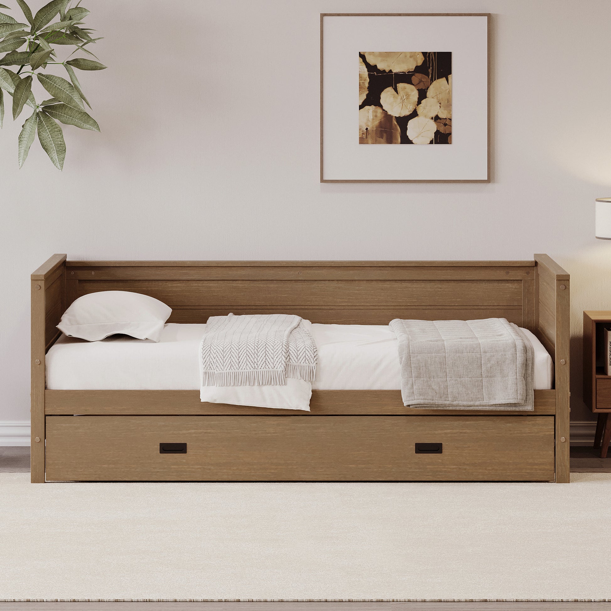 Twin Size Solid Wood Daybed With Trundle For Kids Teens Dorm Bedroom Multipurpose Guest Room Or Home, Walnut Box Spring Not Required Twin Walnut Wood Bedroom Pine Wood