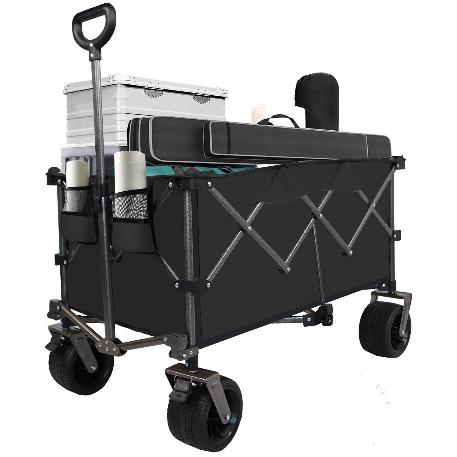 Collapsible Folding Wagon, Push Pull Foldable Beach Wagon Cart Black Steel