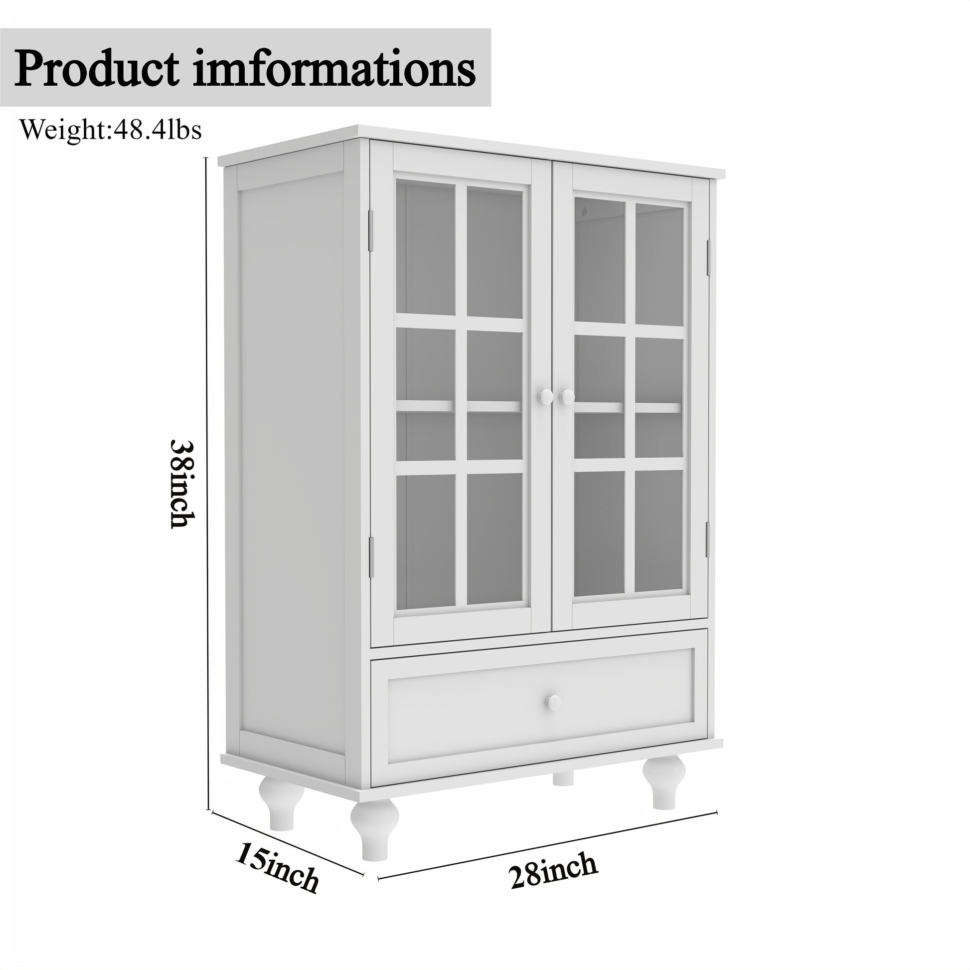 Minimalist White Buffet Cabinet With Double Glass Doors And Drawer, Modern Wooden Storage Sideboard Cupboard For Living Room, Dining Room Hallway Entryway Freestanding White Primary Living Space