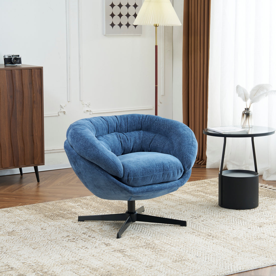 Chenille Upholstered 360 Swivel Club Chair Accent Chair With Removable Cushion, Round Office Chair With Black Metal Base, Cotton Material, Living Room, Bedroom, Reading Corner, Office Navy Blue