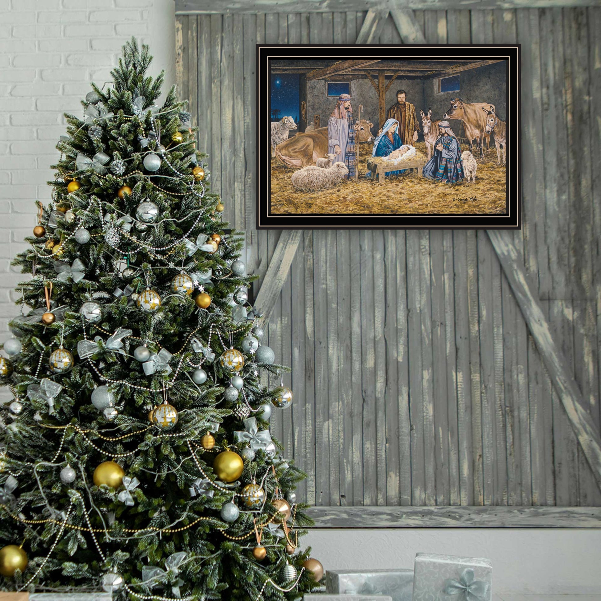 The Greatest Gift Of All The Birth Of Christ Black Framed Wall Art For Living Room, Nativity Wall Art Print For Home Decor, Bedroom Wall Art By Bonnie Mohr Multicolor Wood Paper