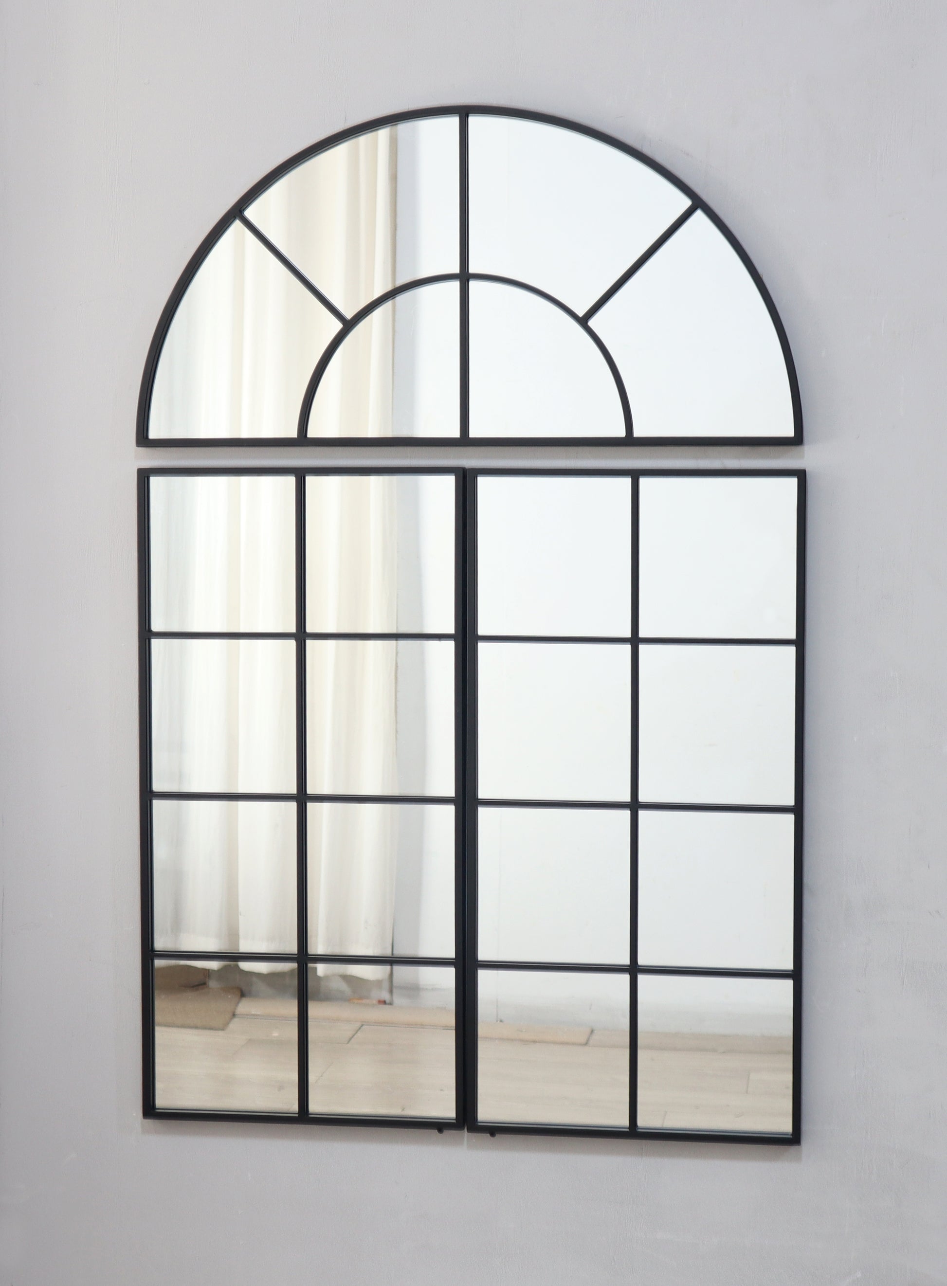 30" X 45" Large Arched Wall Mirror With Three Separate Sections Black Glass Metal