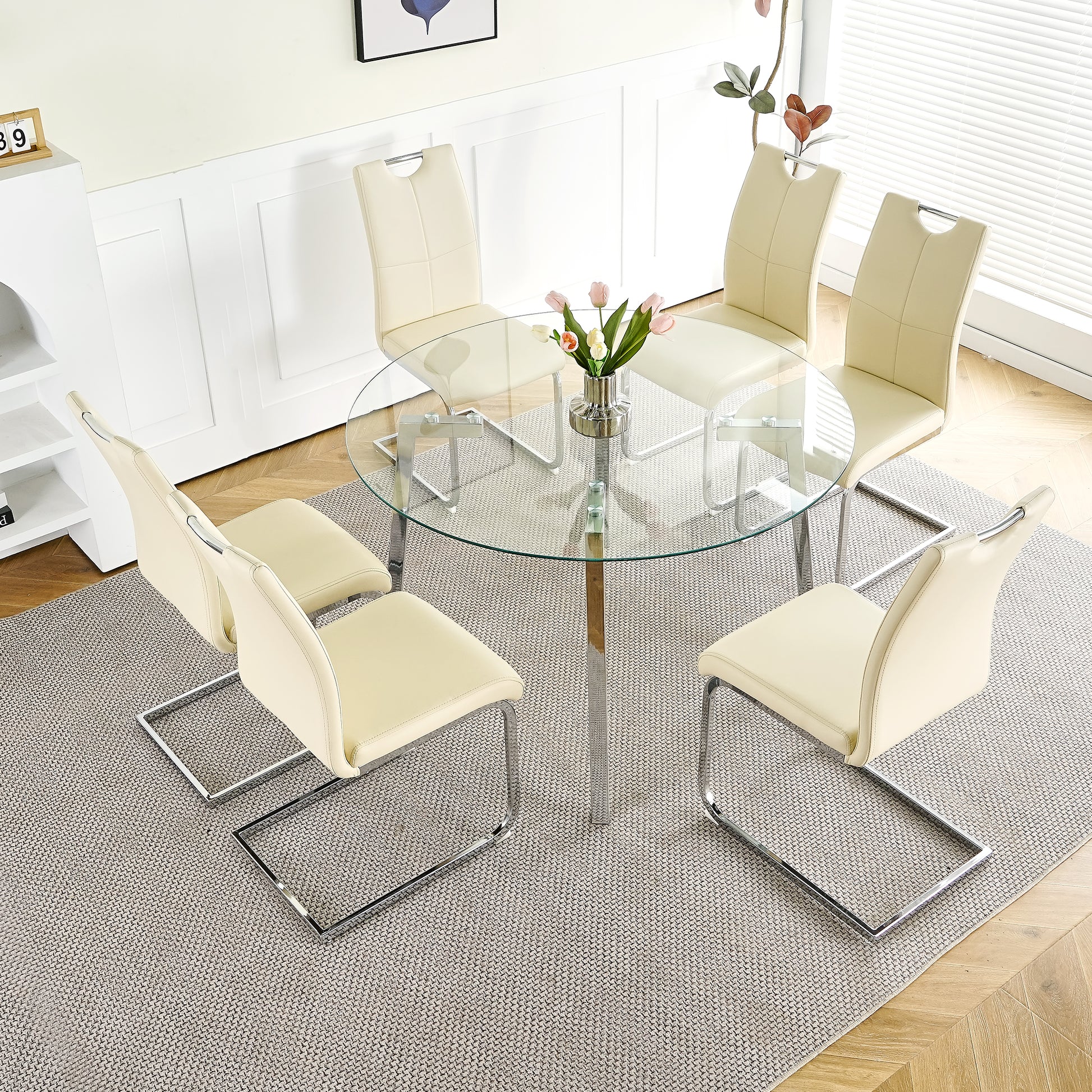 Modern Simple Table With A Glass Round Table And Six Chairs. Transparent Tempered Glass Table Top, Electroplated Table Legs, Bow Chair Legs Set Of 7 Light Yellow Round Glass Metal